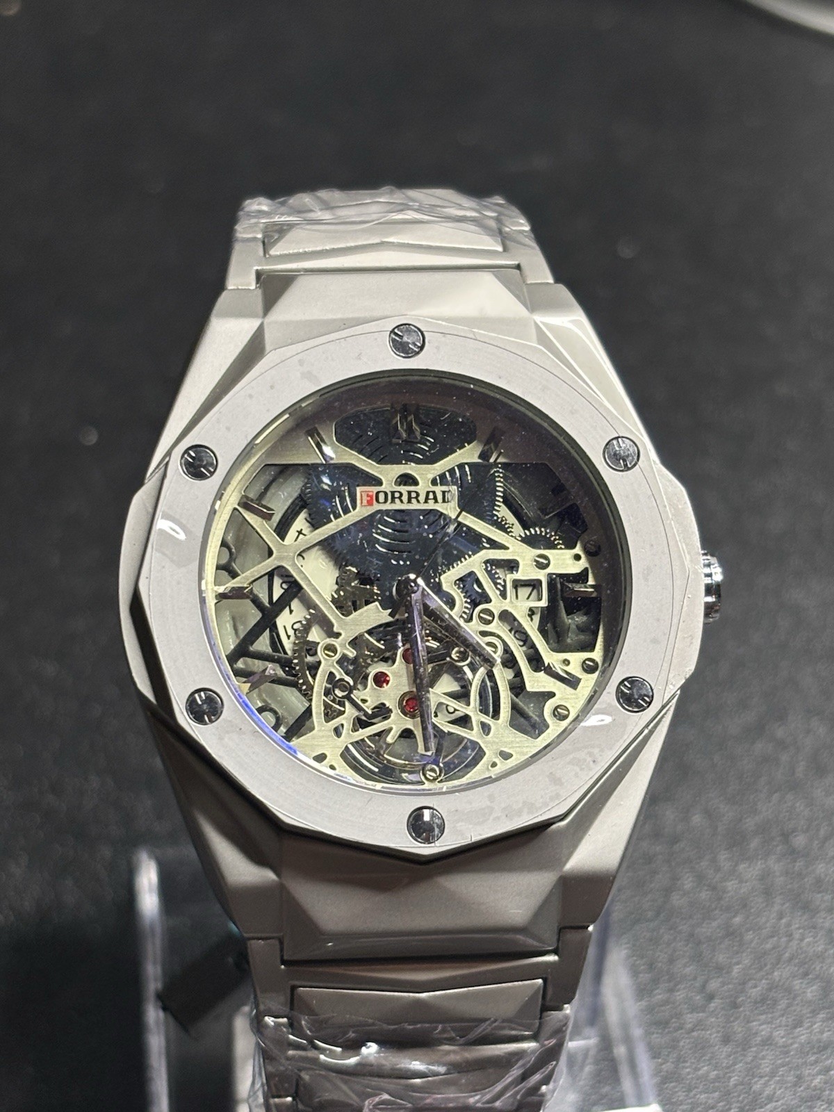 Forrad Skeleton Dial Octagon Stainless Steel Silver Bracelet w/ Box