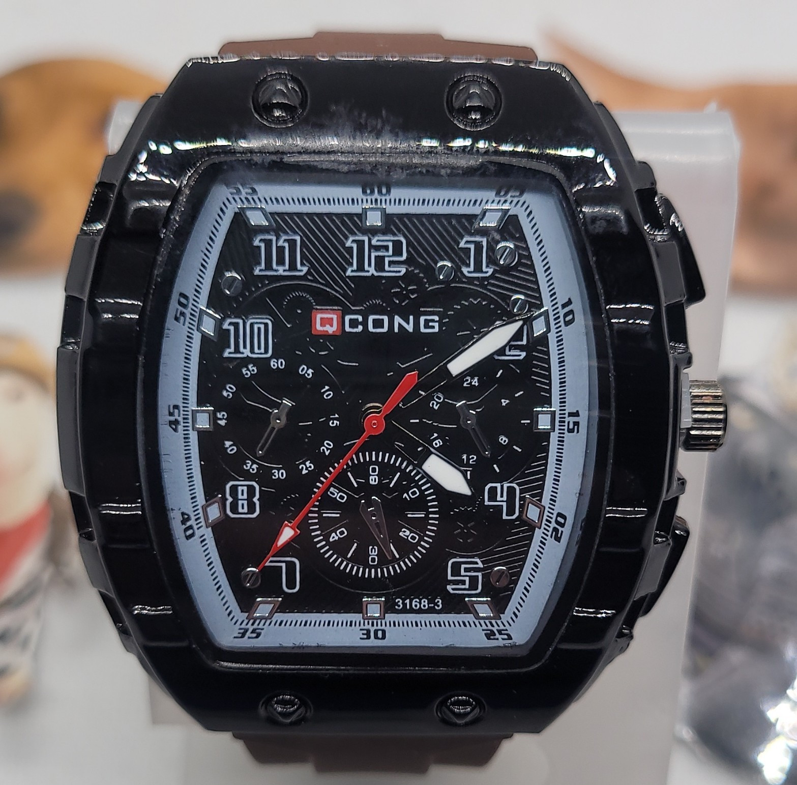 484 QCONG Men’s Chronograph Quartz Tonneau Watch Black Dial Brown Silicone Strap