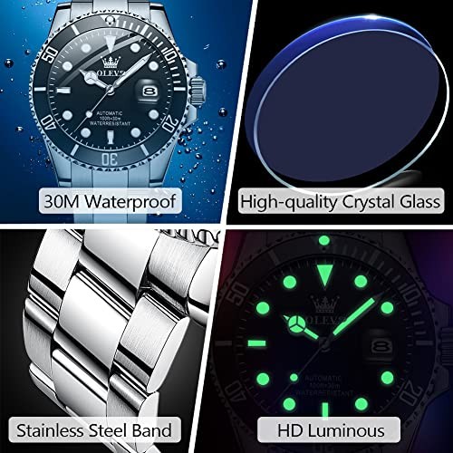 Men’s Automatic Watch, Large Face Easy to Read 01 Black Dial Silver Band