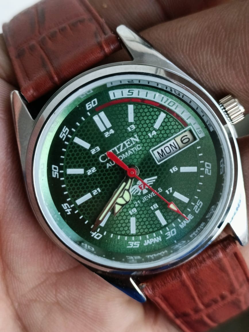 Citizen Automatic Green Dial Day/Date 21 Jewels Stainless Steel Mens Wrist Watch