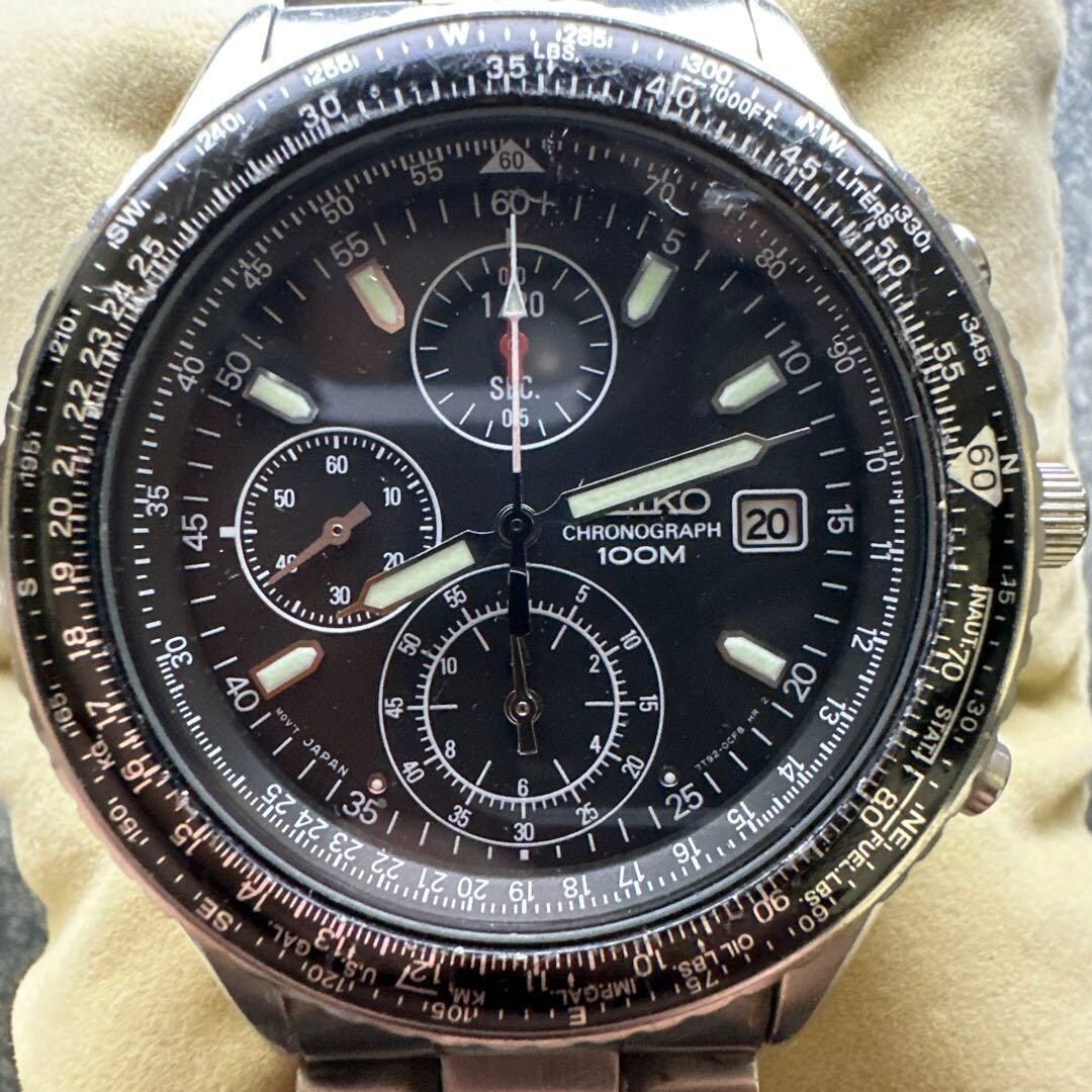SEIKO Authentic Chronograph Quartz Black Dial Slide Rule Watch 7T92 0CF0 Box