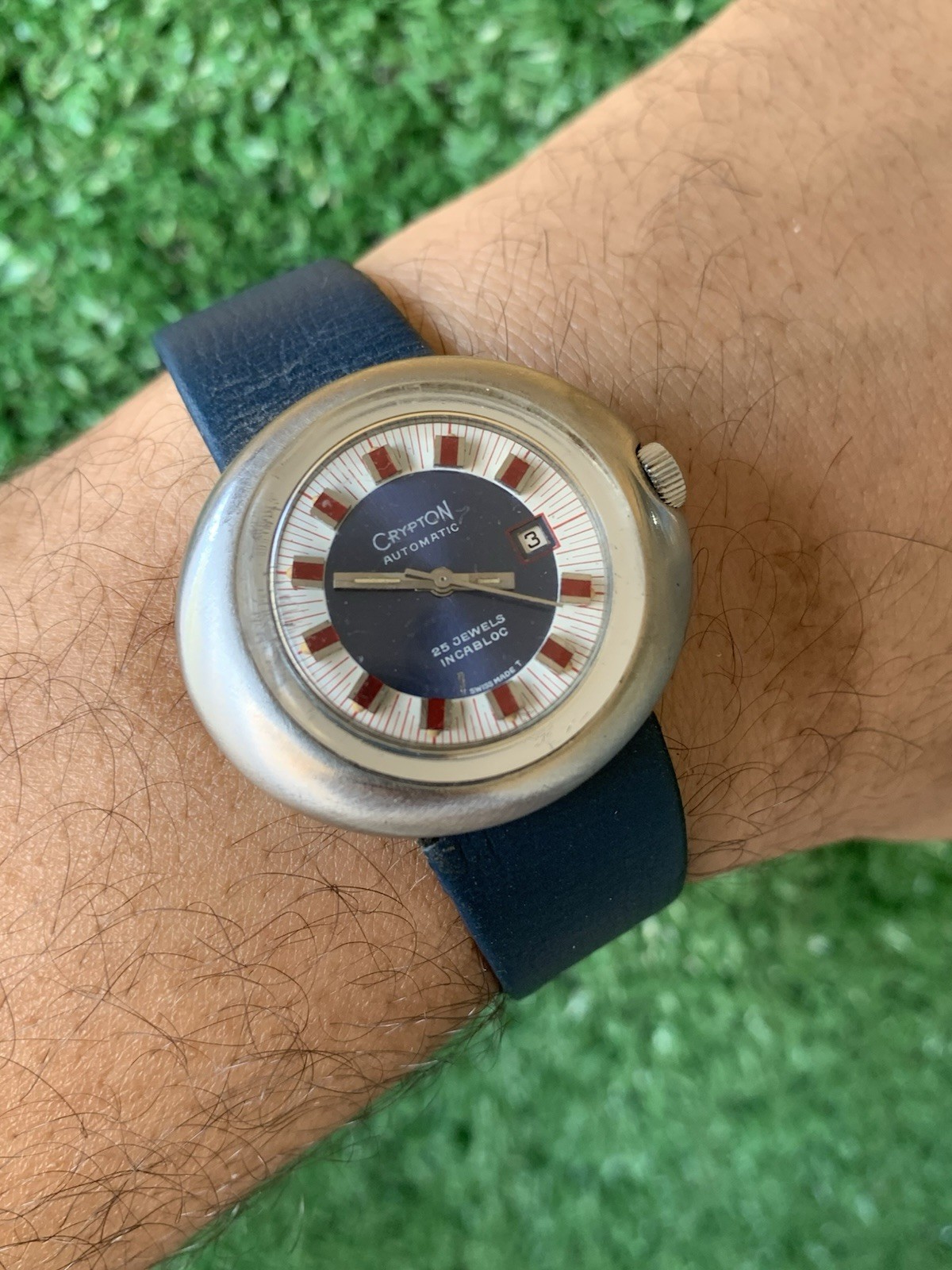 Crypton Automatic Mechanical Watch 25 Jewels Date Blue 37mm 1970s Vintage Red