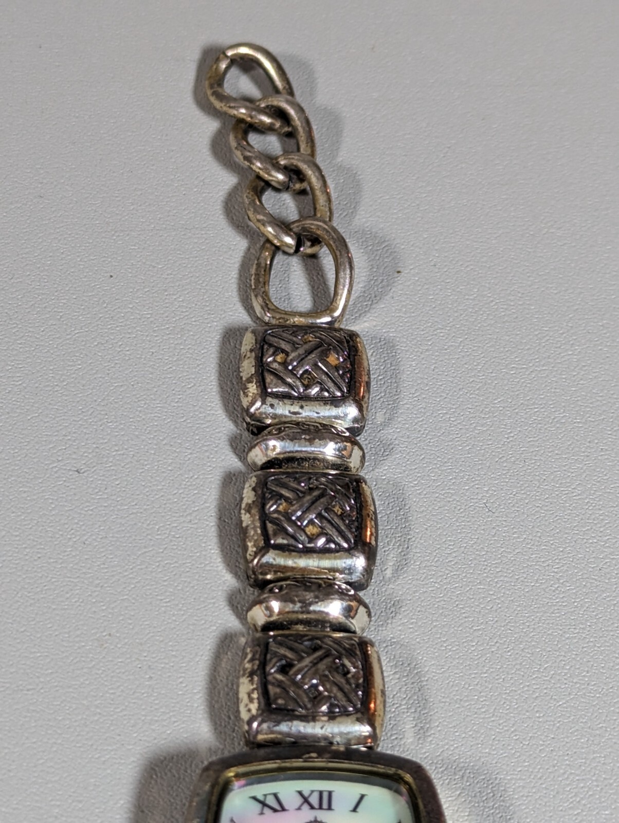 Premier Designs White Pearlized Dial Square Case Link Bracelet Band Watch 7.5 In