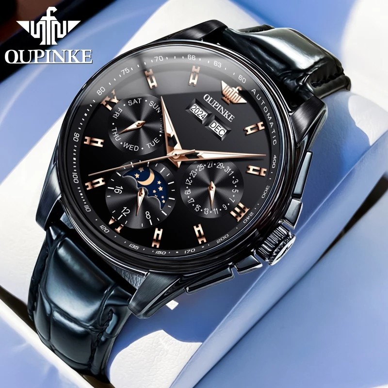 Automatic Mechanical Watch Waterproof Moon Phase Luxury Men Men’s Strap