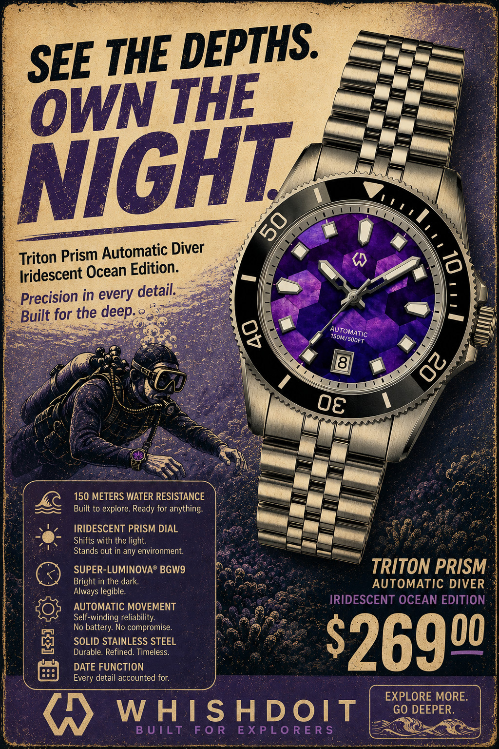 Wishdoit Triton Automatic Diver Ceramic Bezel Miyota 8215 NIB SHIPS FROM USA