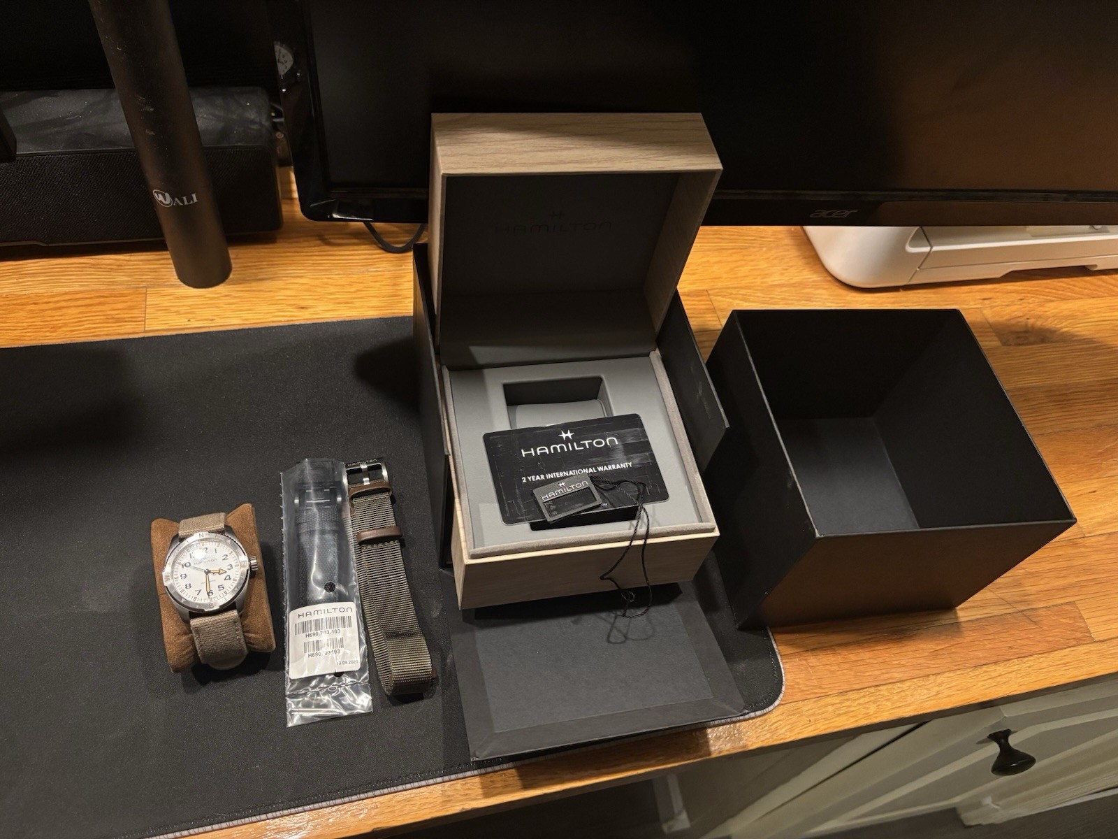 Hamilton Khaki Field expedition 37mm Automatic White Dial Beige Strap Box Papers