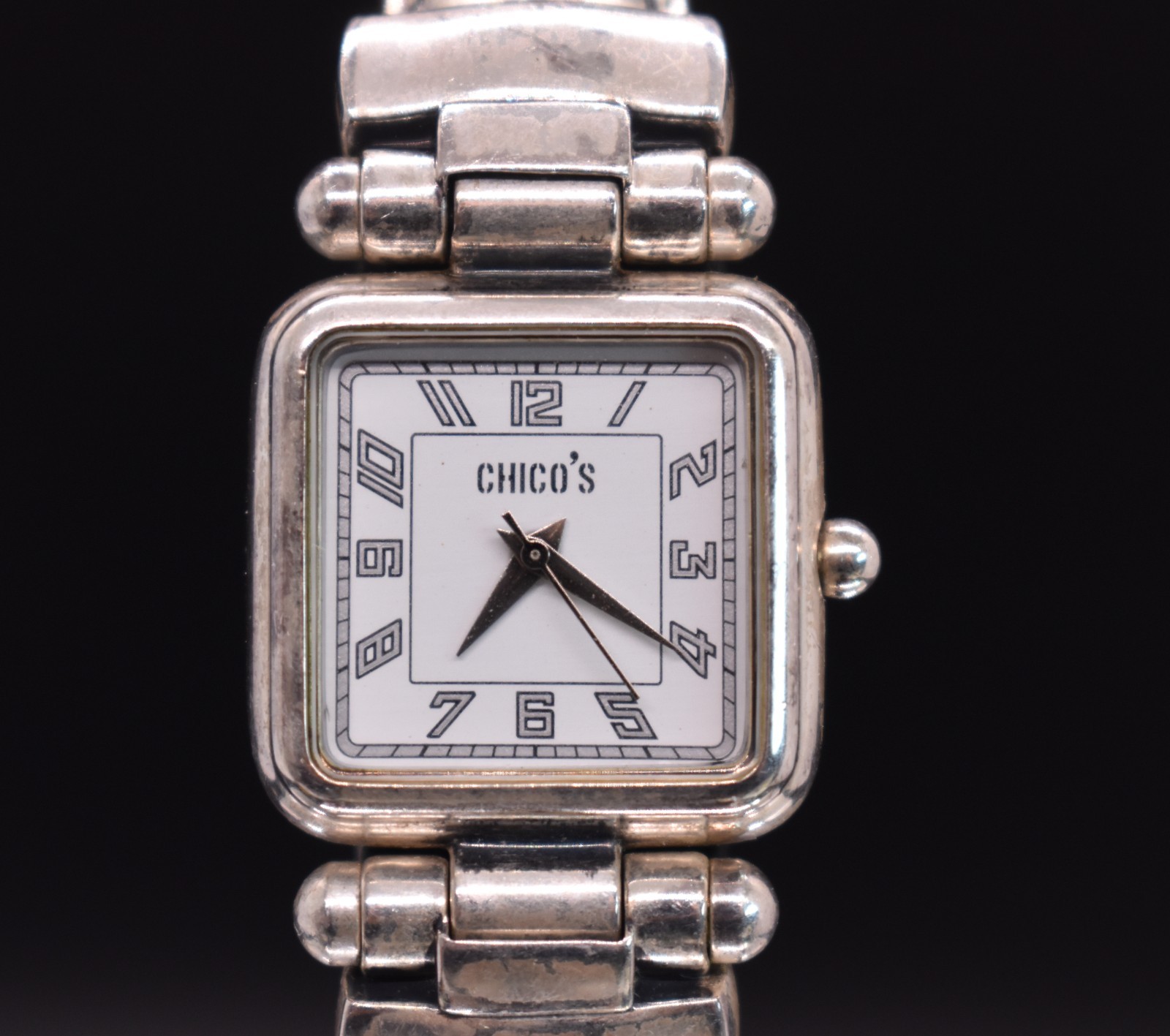 CHICO’S Silver Tone Square Dial Watch Women OX Cuff Bracelet Band NEW BATTERY