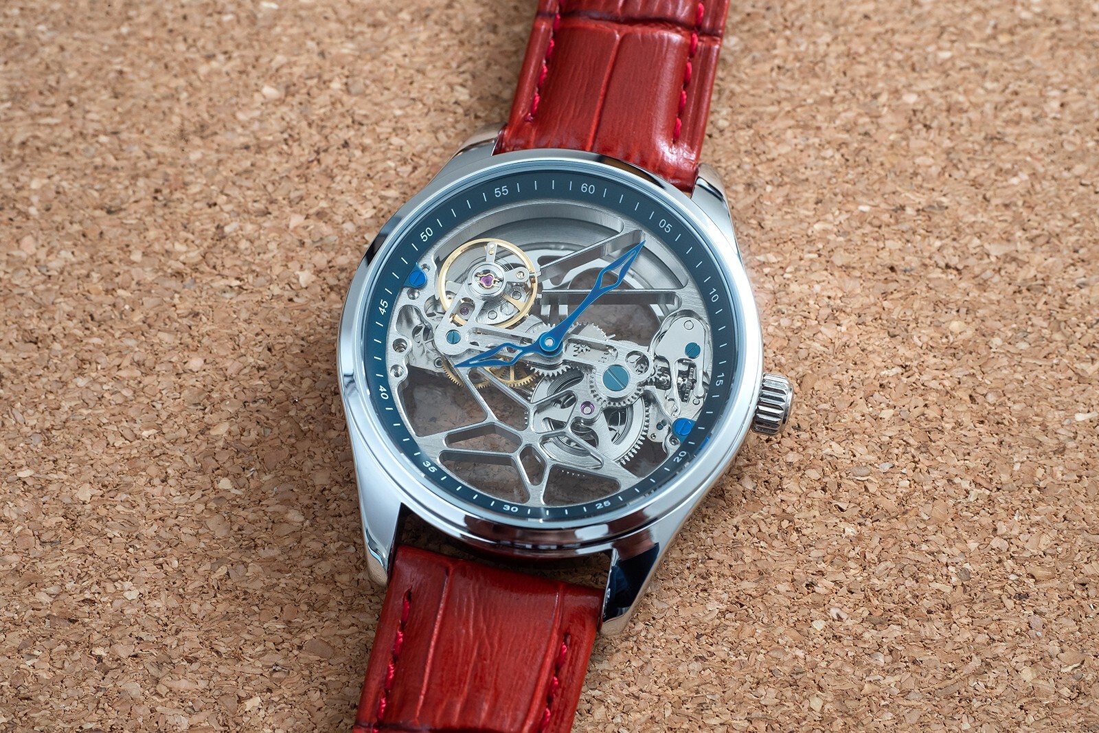Mens Flywheel Bridge Movement Automatic Mechanical Watch Silver Red Leather Gift