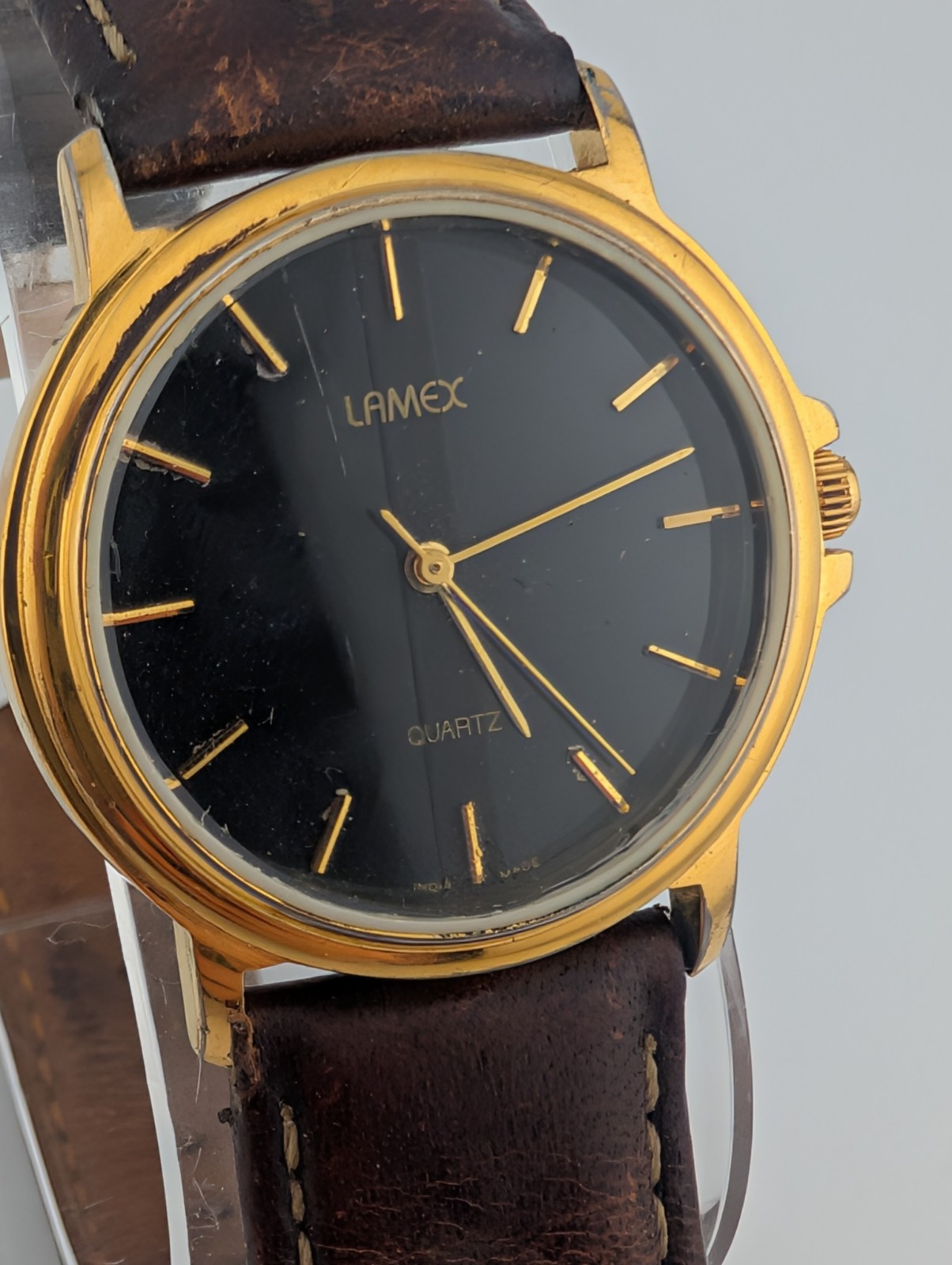 Lamex India 18k Gold Electroplated Watch Men 32mm Case Leather Band- New Battery