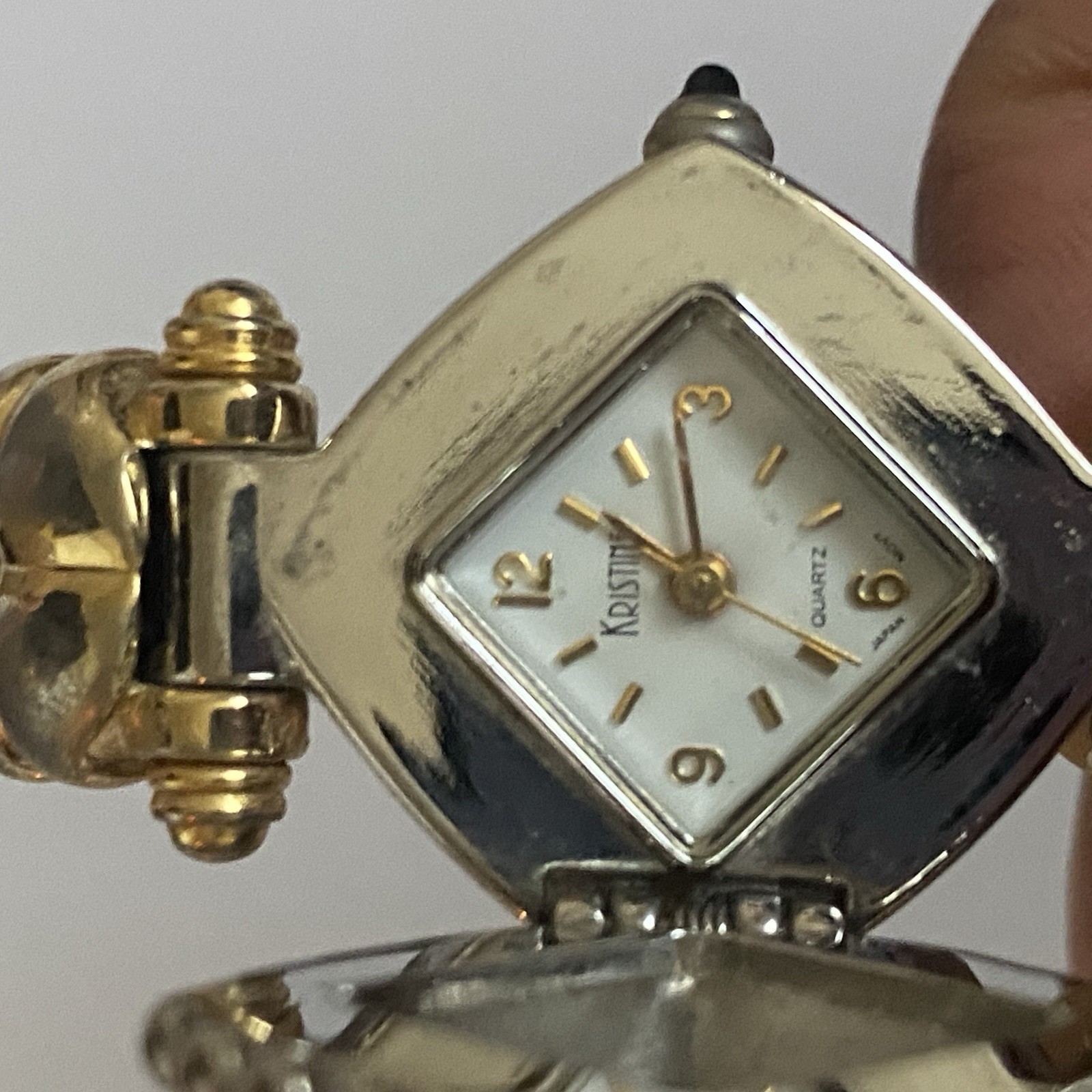 Vintage 1990s Kristine Quartz Two-Tone Peek-A-Boo Hinged Cable Cuff Bangle Watch