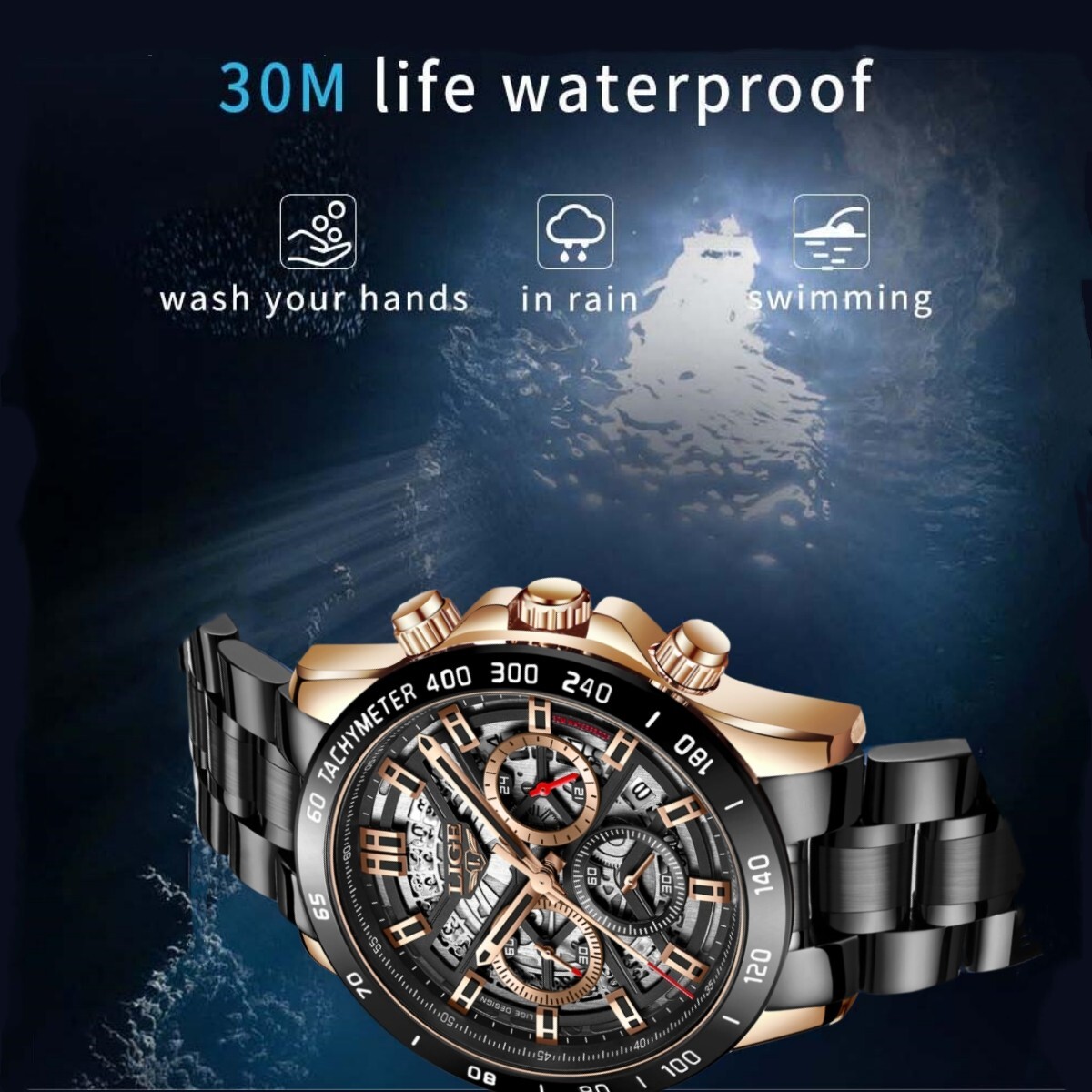 LIGE Men Watch Quartz Mechanical Date 3ATM Waterproof Stainless Steel Wristwatch
