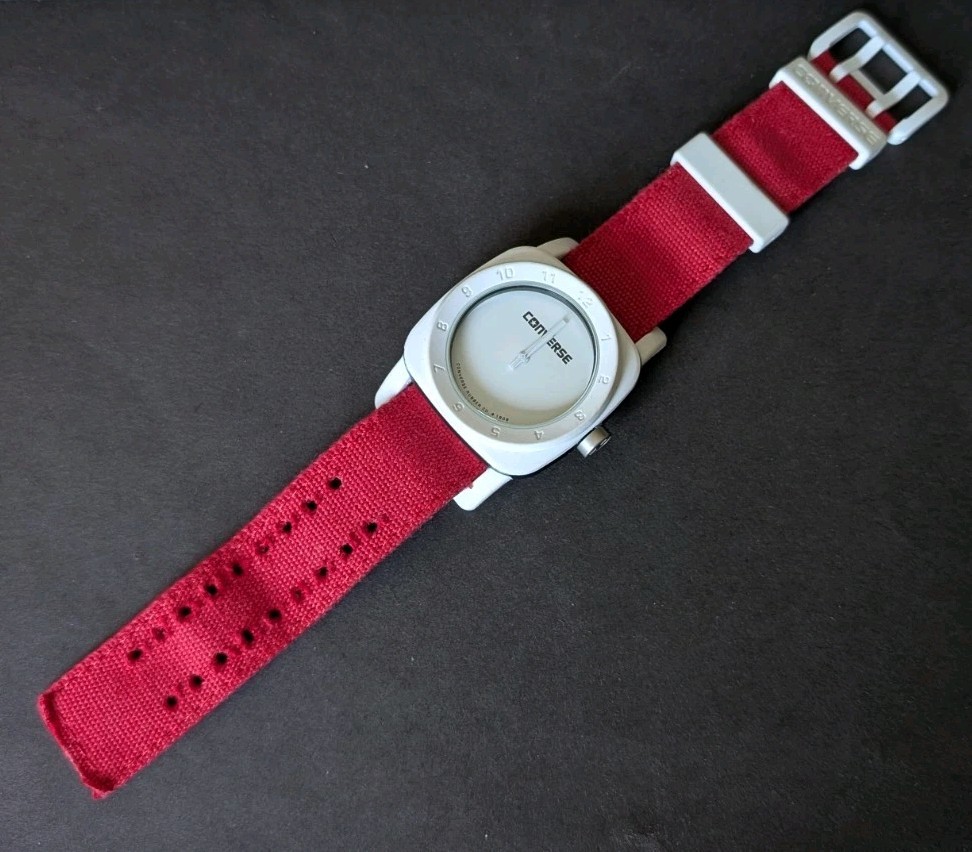 Converse 1908 Watch in Matte White with Red Canvas Strap Unisex Style Retro Look