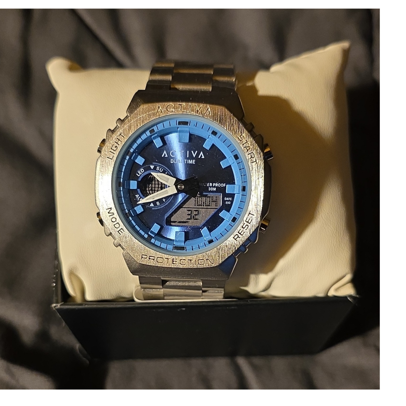 Activa Dual Time Analog-Digital Wristwatch Blue Dial Steel Bracelet 48mm