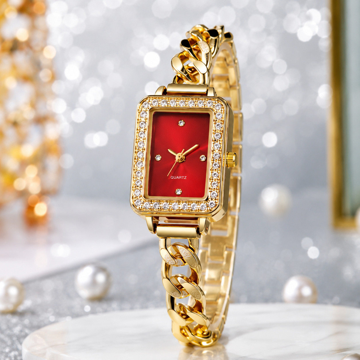 New Rectangular Diamond-encrusted Watch Gold Bracelet Fashion Watch Full Color