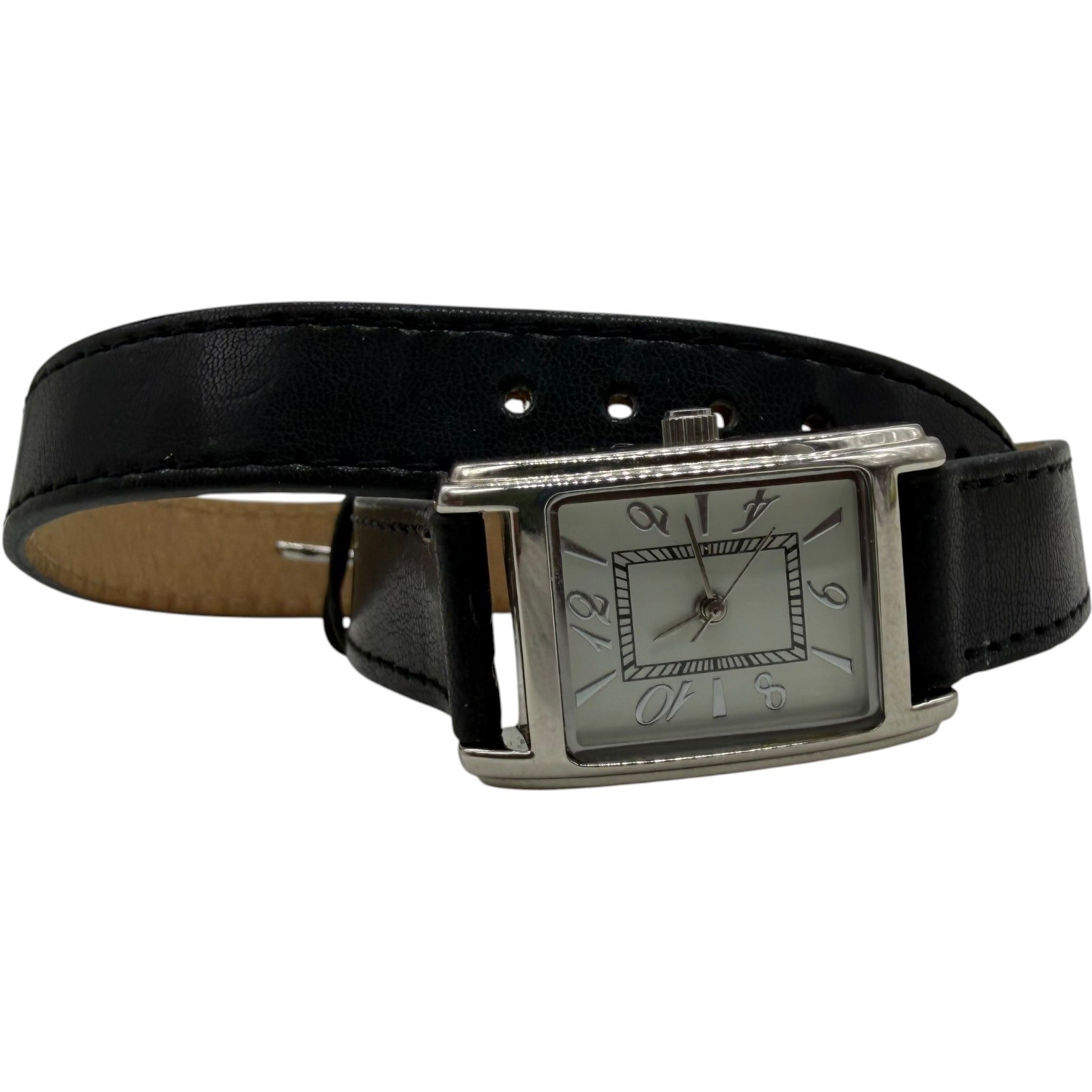 Double Wrap Strap Watch Silver Tone Rectangle Case Black Band
