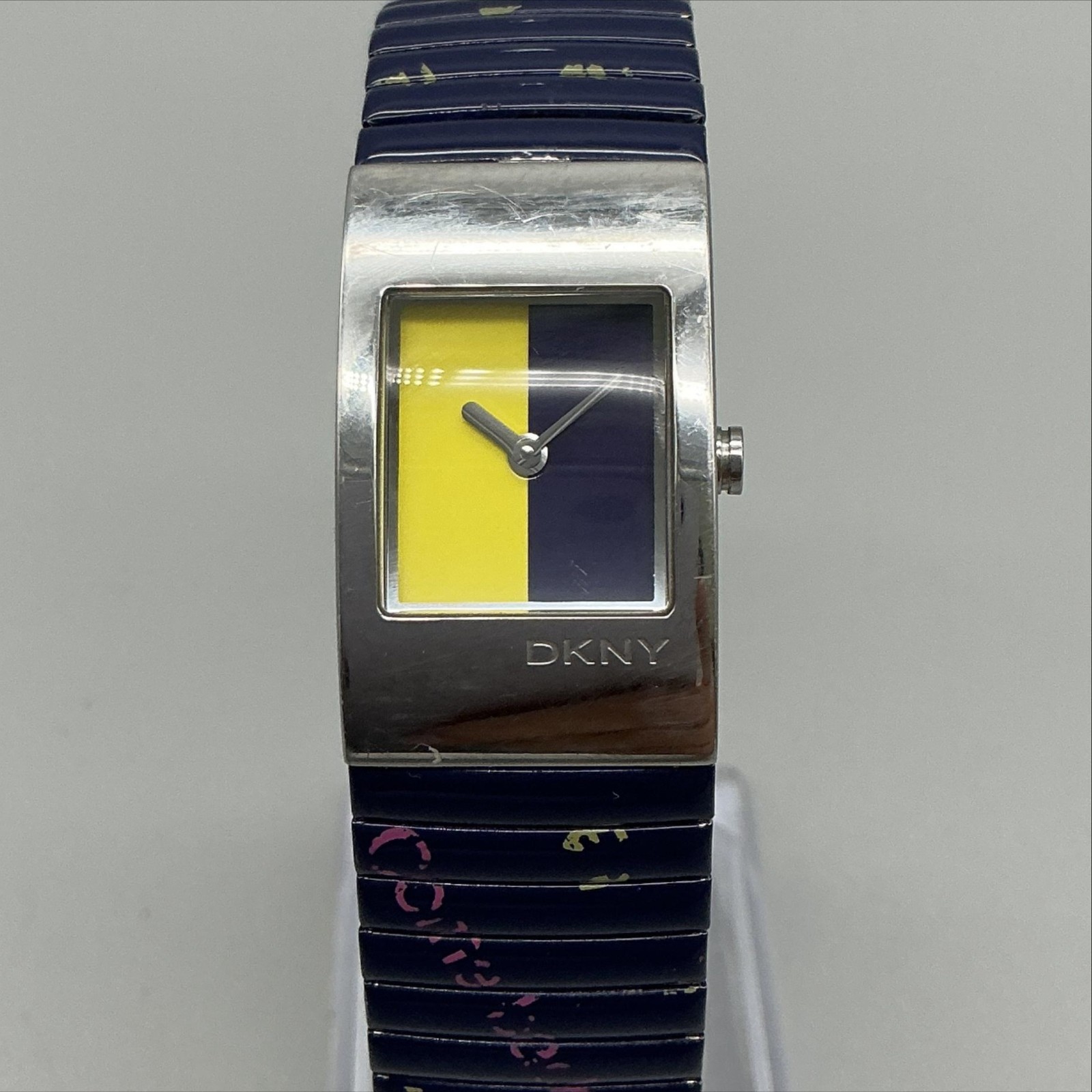 DKNY Womens Watch 19mm Silver Tone Multicolor Dial Blue Stretch Band New Battery