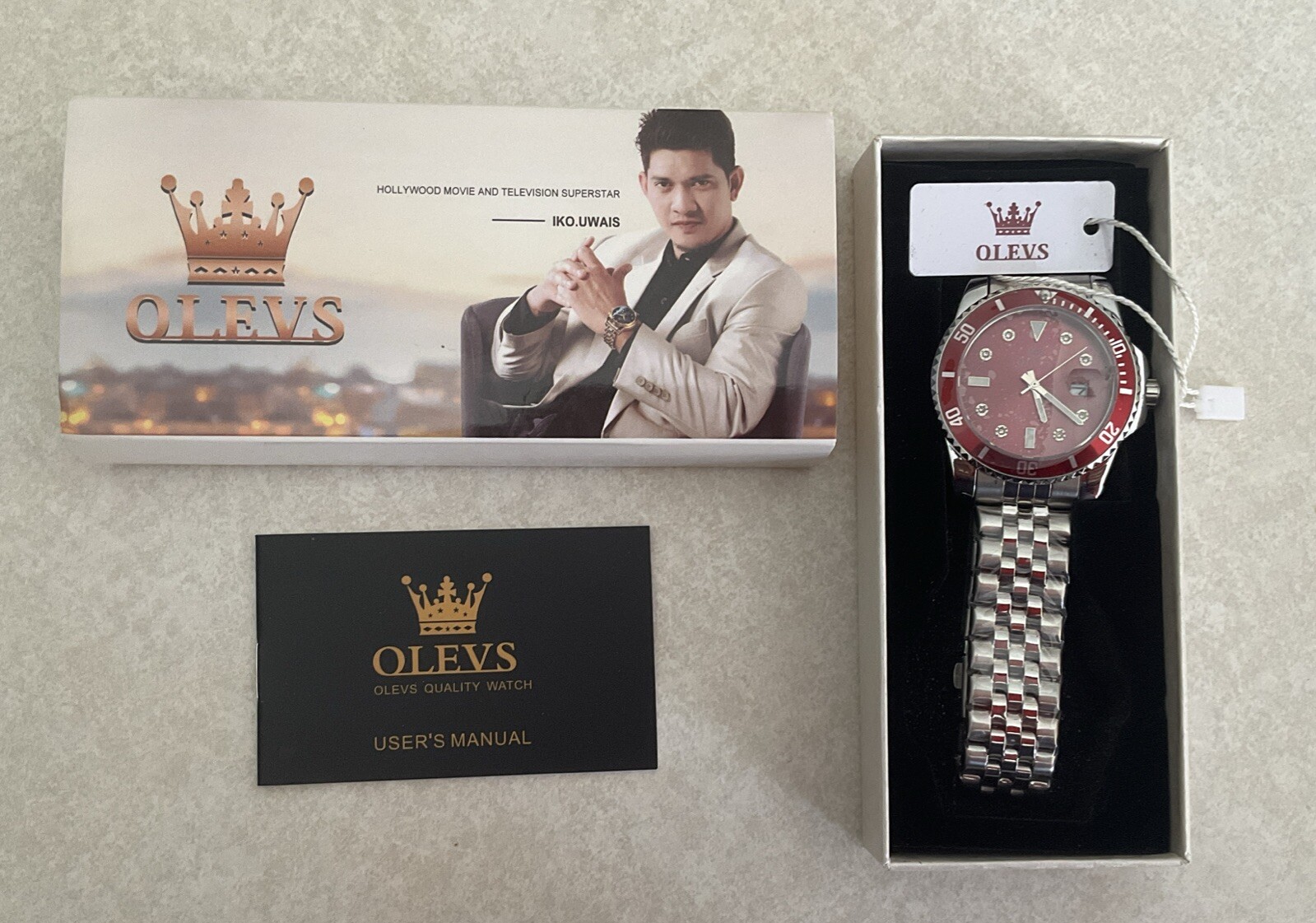 OLEVS WATCH *WATERPROOF *STAINLESS STEEL* RED FACE w/ Original Box & Tags.