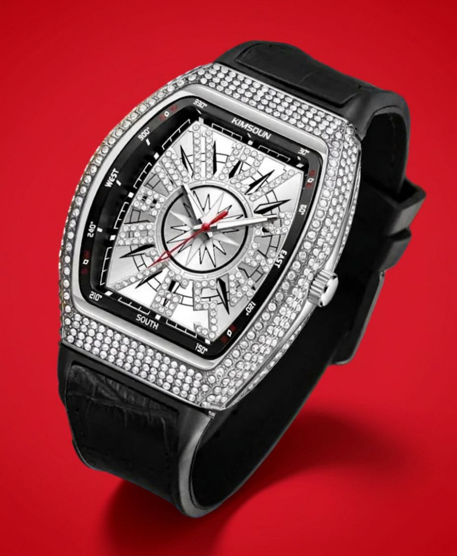 Men Watch Silver Iced Out Dial Black Silicone Strap Simulated Diamond Wristwatch