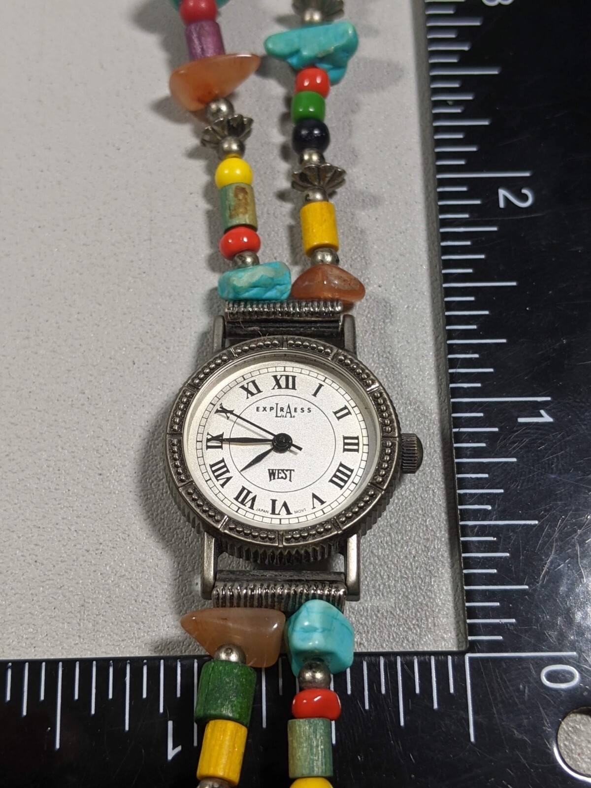 LA Access Round Silver Tone Case 23 mm Natural Colorful Stone Bracelet Bnd Watch