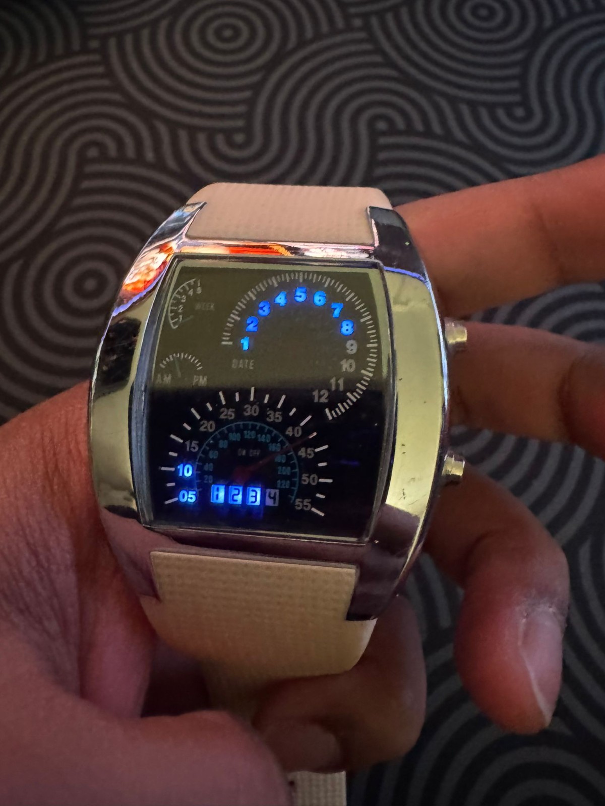 digital watch off white rubber strap, buttons, led and silver frame