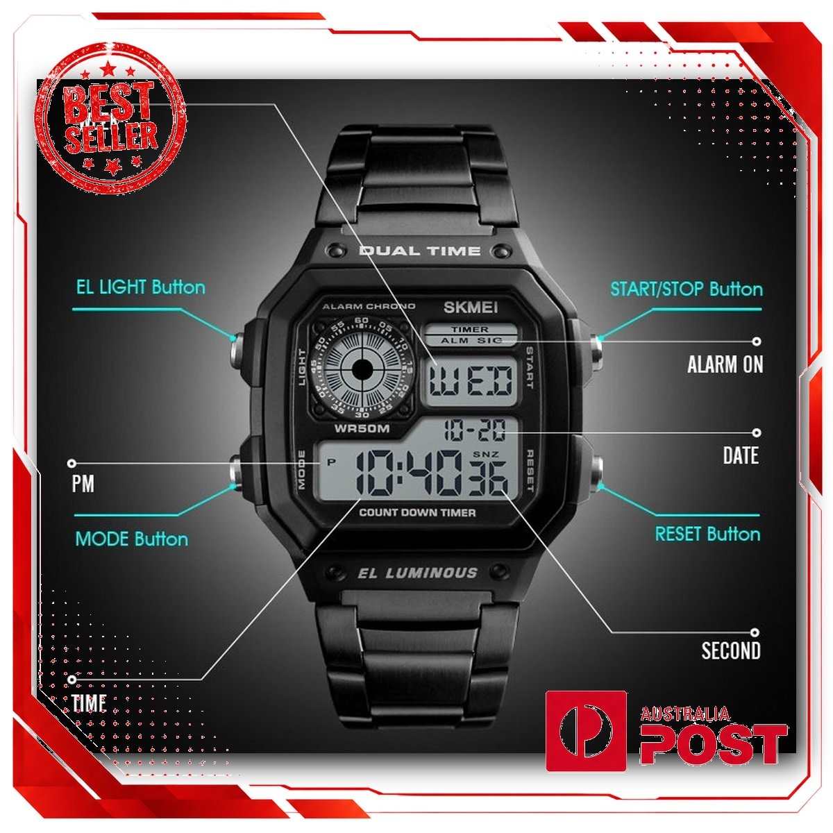 Men Digital LED Watch Date Waterproof Stainless Steel Military Sport Wrist Watch