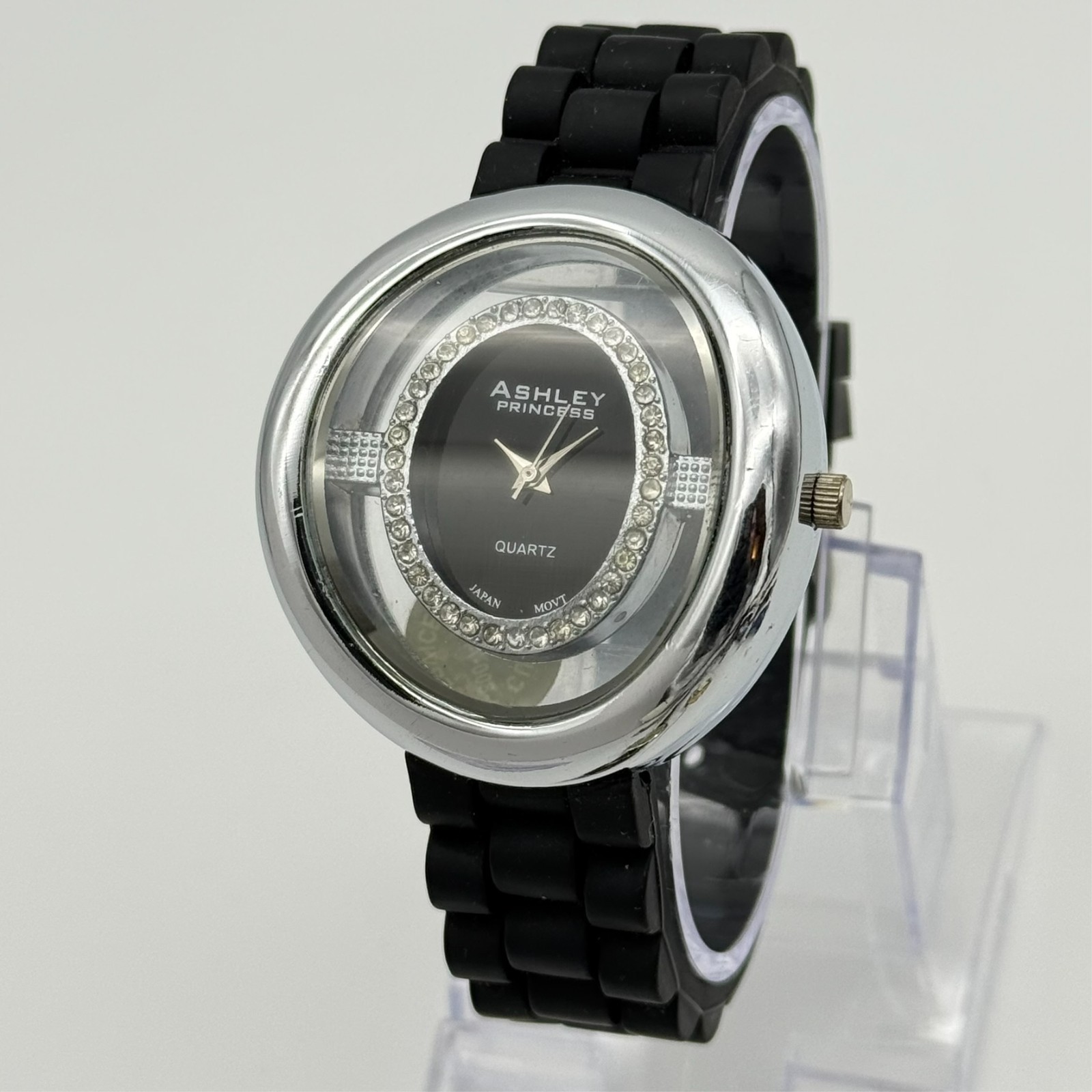 Women’s ASHLEY PRINCESS Clear & Silver Tone 43mm Analog Watch, Black Silicone