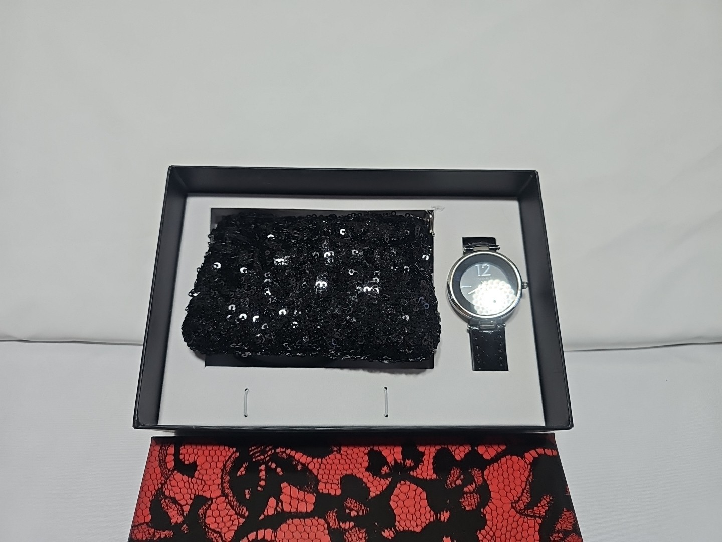 Ensemble Womens Watch & Small Purse Set Quartz Watch Black Leather Sequin Purse