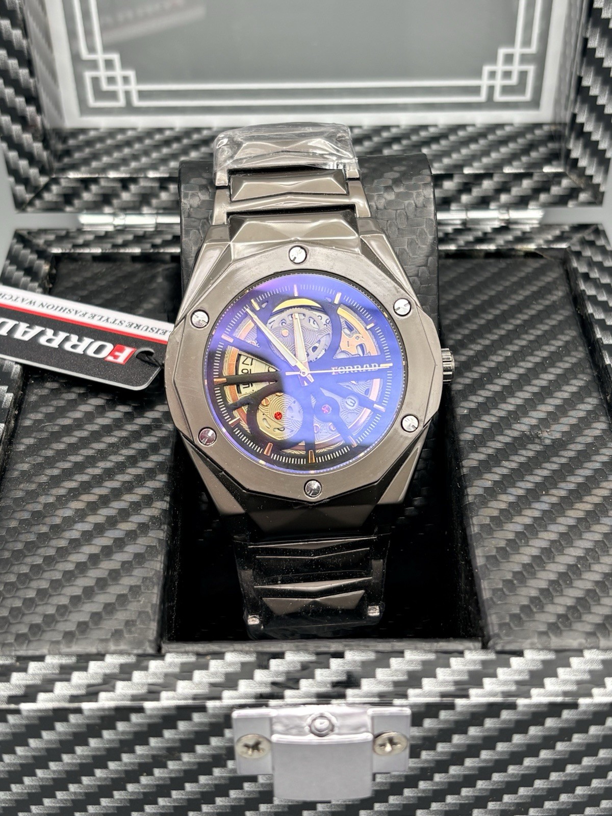 FORRAD Men’s Skeleton Dial Quartz Watch Black Stainless Steel w/ LED Display Box