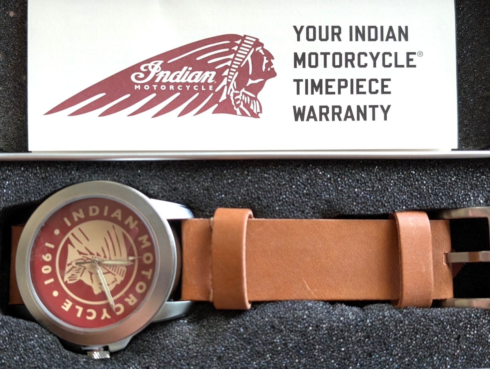 Indian Motorcycle 1901 Logo Quartz Watch Brown Leather Band w/ Tin & Papers