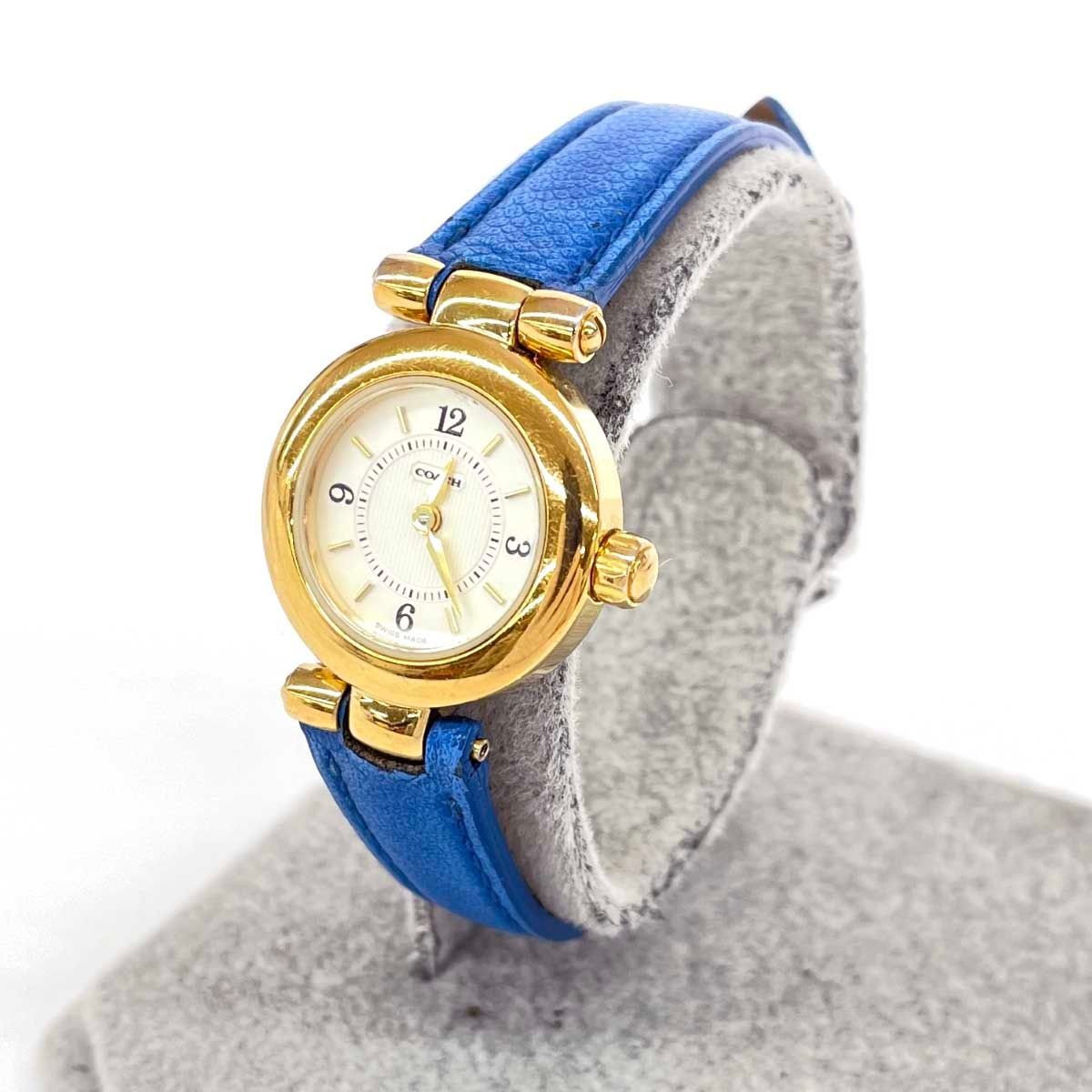 COACH Watch Quartz SS Leather W006 Gold Color Blue Ladies 240001198748