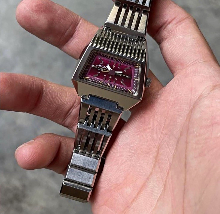 Alba AKA Quartz Rectangle Watch Purple Dial Silver Stainless Bracelet 100m