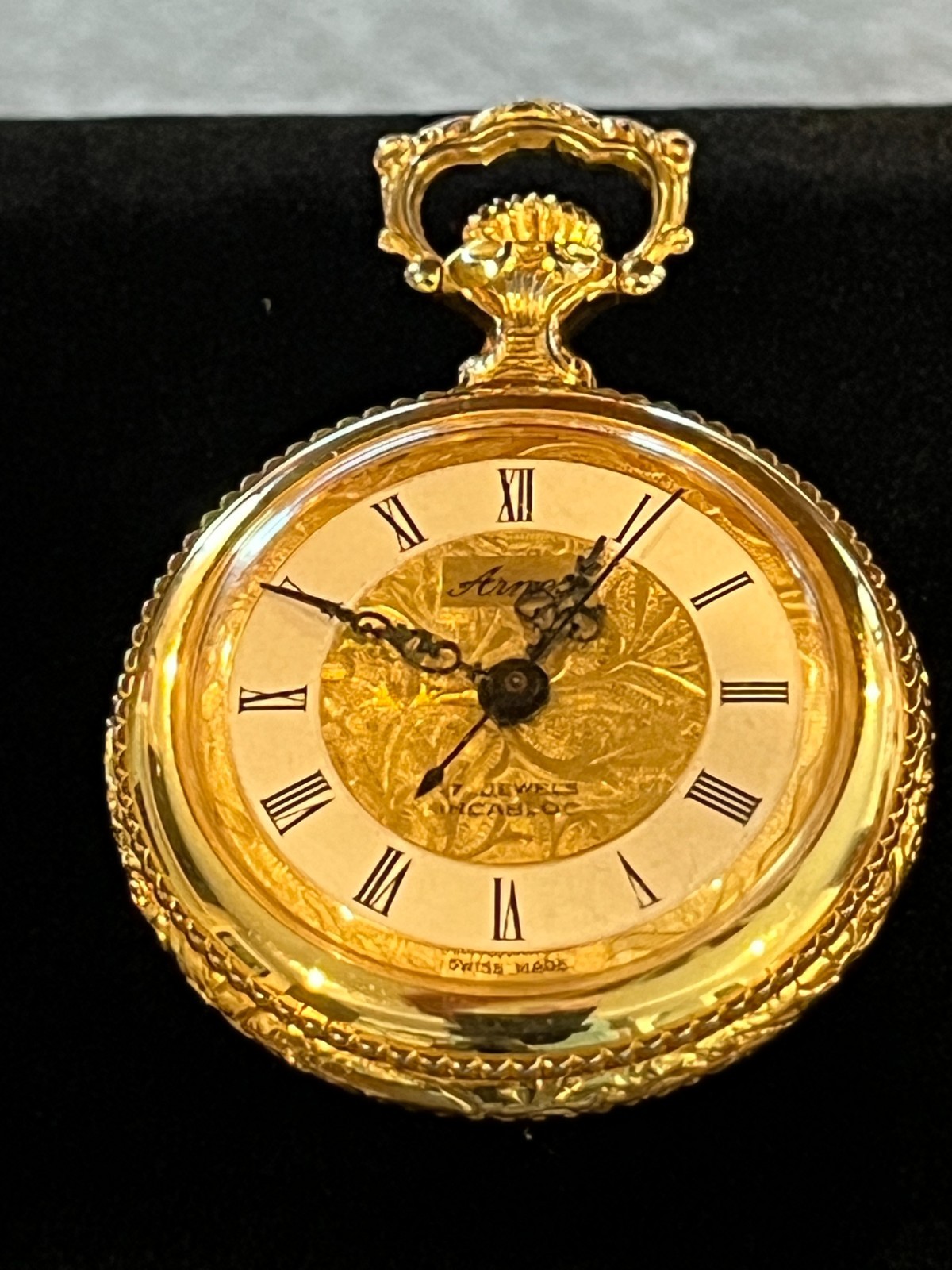 Vintage Arnex 17 Jewel Pocket Watch Gold Filigree Dial Enamel Vineyard MINT