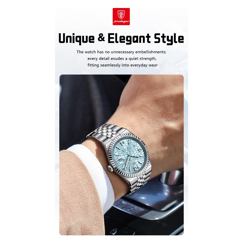 POEDAGAR Men Waterproof Luminous Date Luxury Stainless Steel Quartz Watch