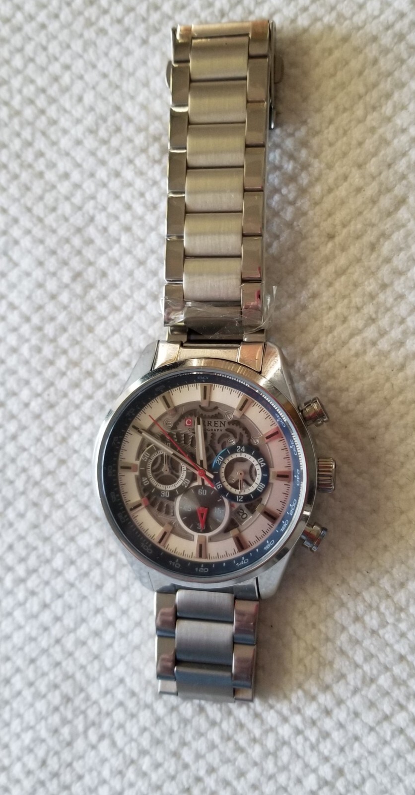 NWT Curren Silver Tone Chronograph Date Watch Link Band 8″ Max Size New Battery
