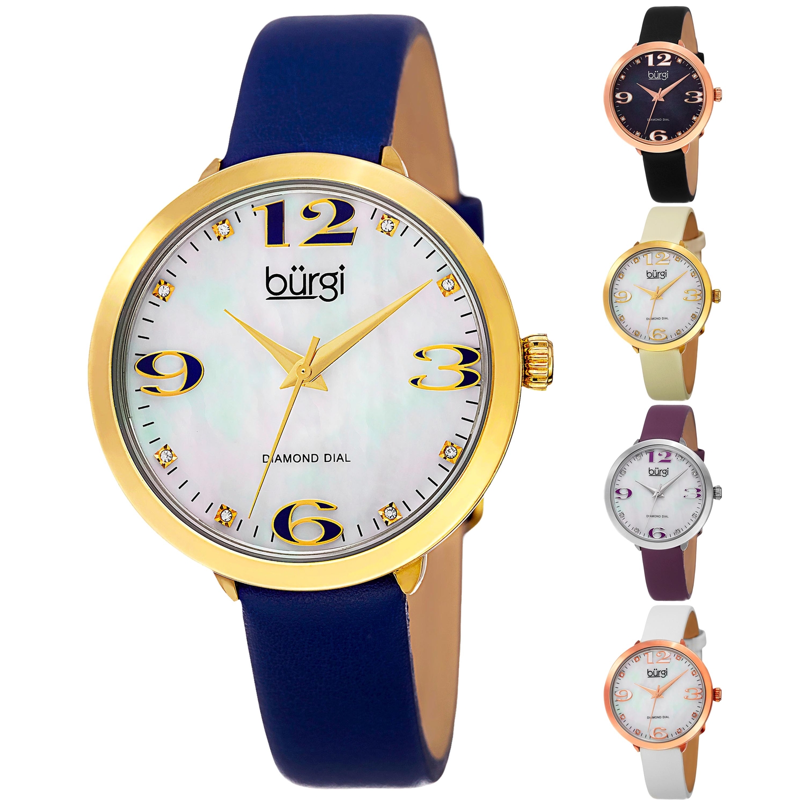 Women’s Burgi BUR119 Diamond Markers MOP Dial Genuine Leather Strap Watch