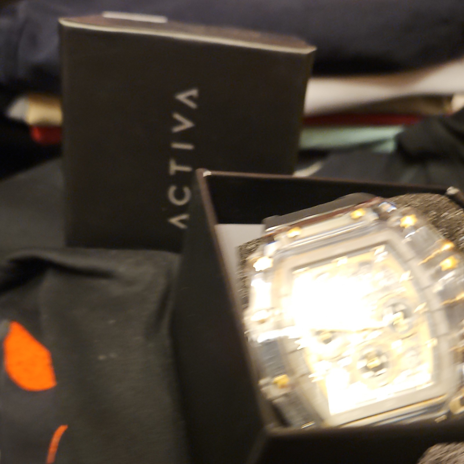 Activa Quartz Chronograph Date Tonneau Clear/Gold Case Black Rubber Strap Box