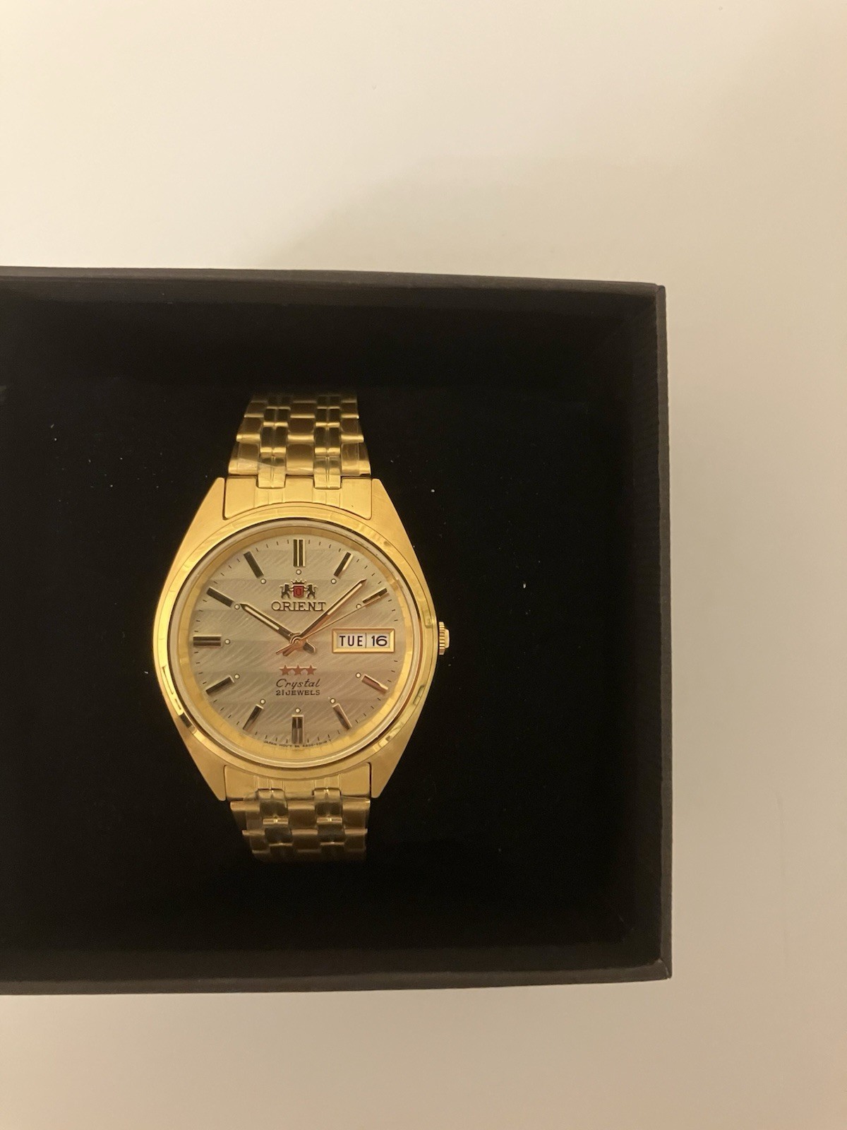 Orient Automatic TriStar Day-Date, New In Box, Champagne Gold Tone