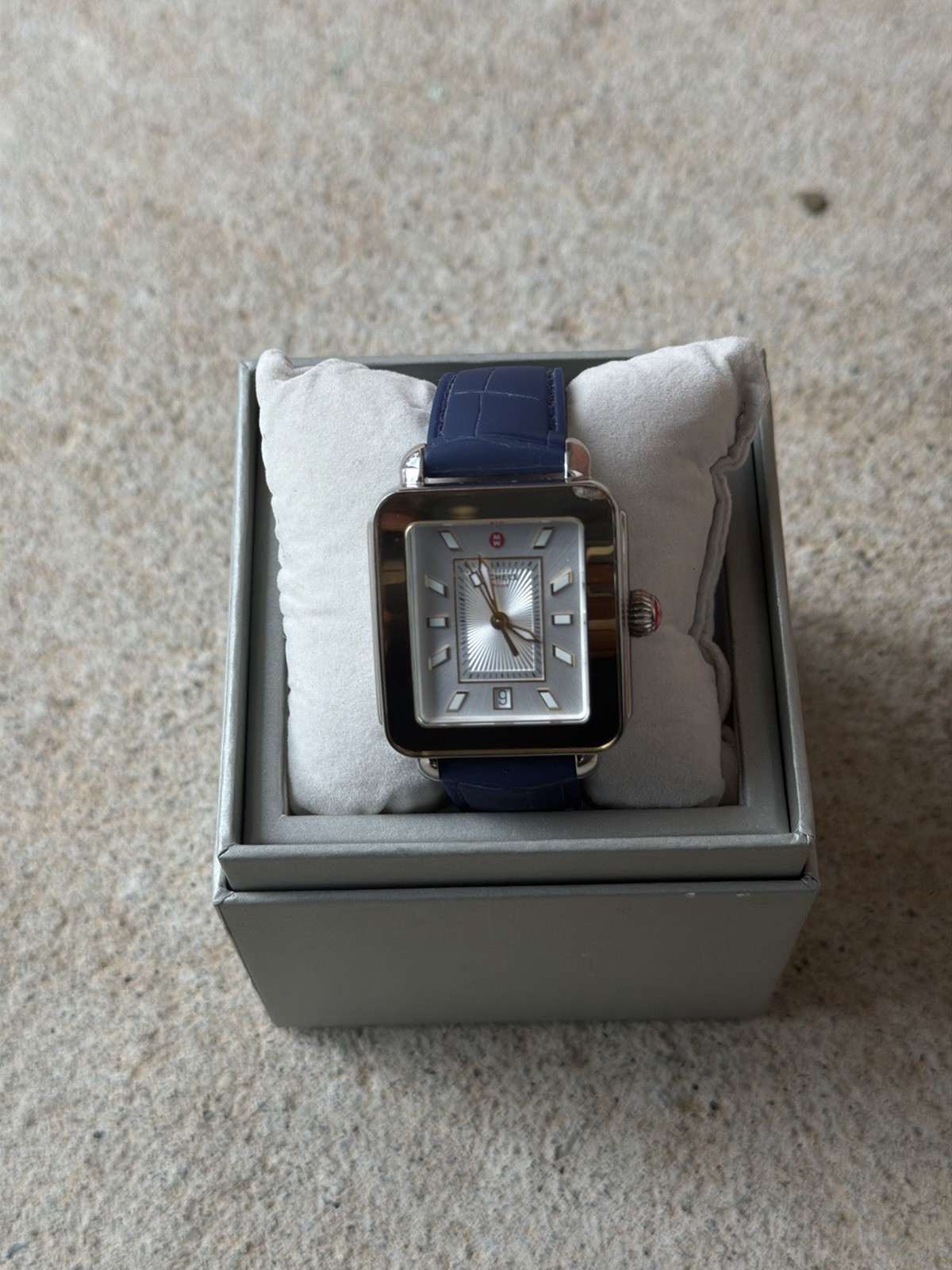 New Michele Deco Sport MWW06K000070 Blue Dial Gold Tone Watch Black Leather $595