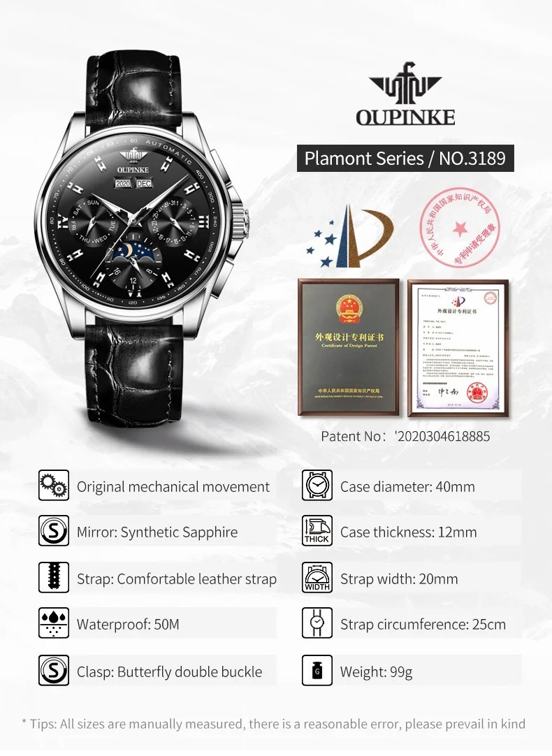 Automatic Mechanical Watch Men’s Waterproof Moon Phase Luxury Dial Men Strap