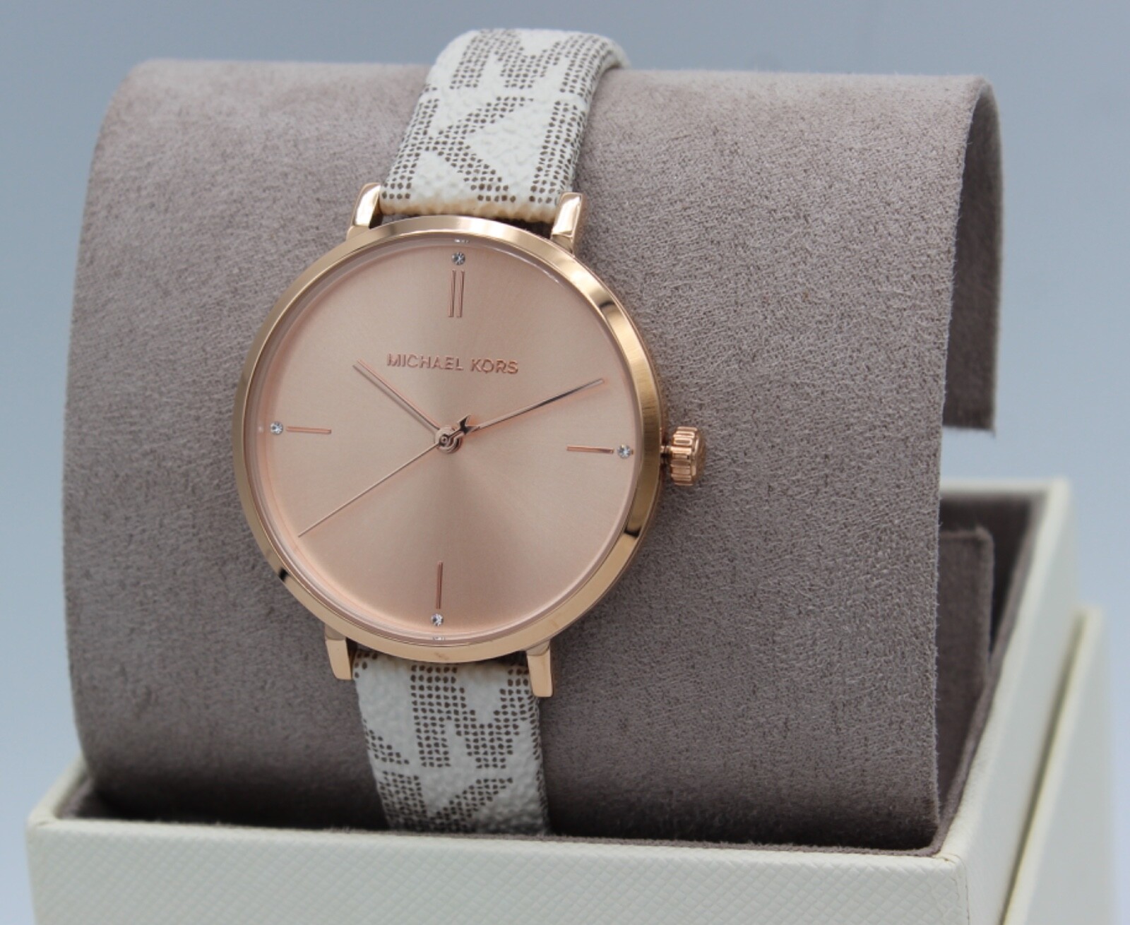 NEW AUTHENTIC MICHAEL KORS JAYNE VANILLA WHITE ROSE GOLD PVC WOMENS MK7128 WATCH