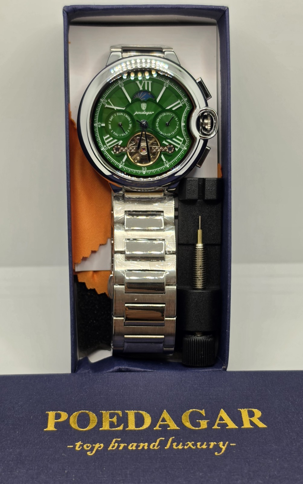 Poedagar Automatic Mechanical Open Heart Green Dial Men’s Watch 48mm New w/ Box