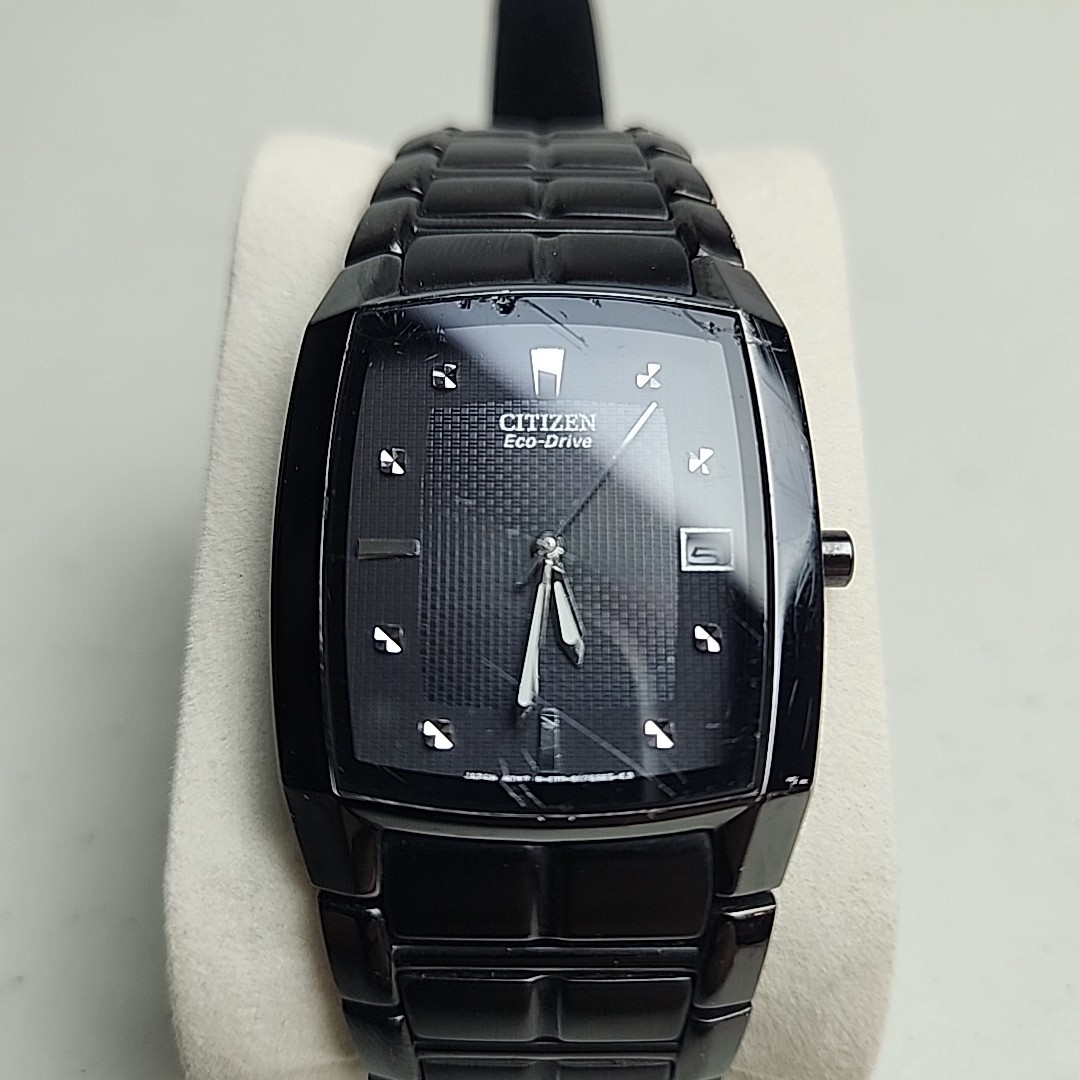 Citizen Eco Drive E111 Men’s Stainless Steel Black Date Dial Watch Working 7.5in