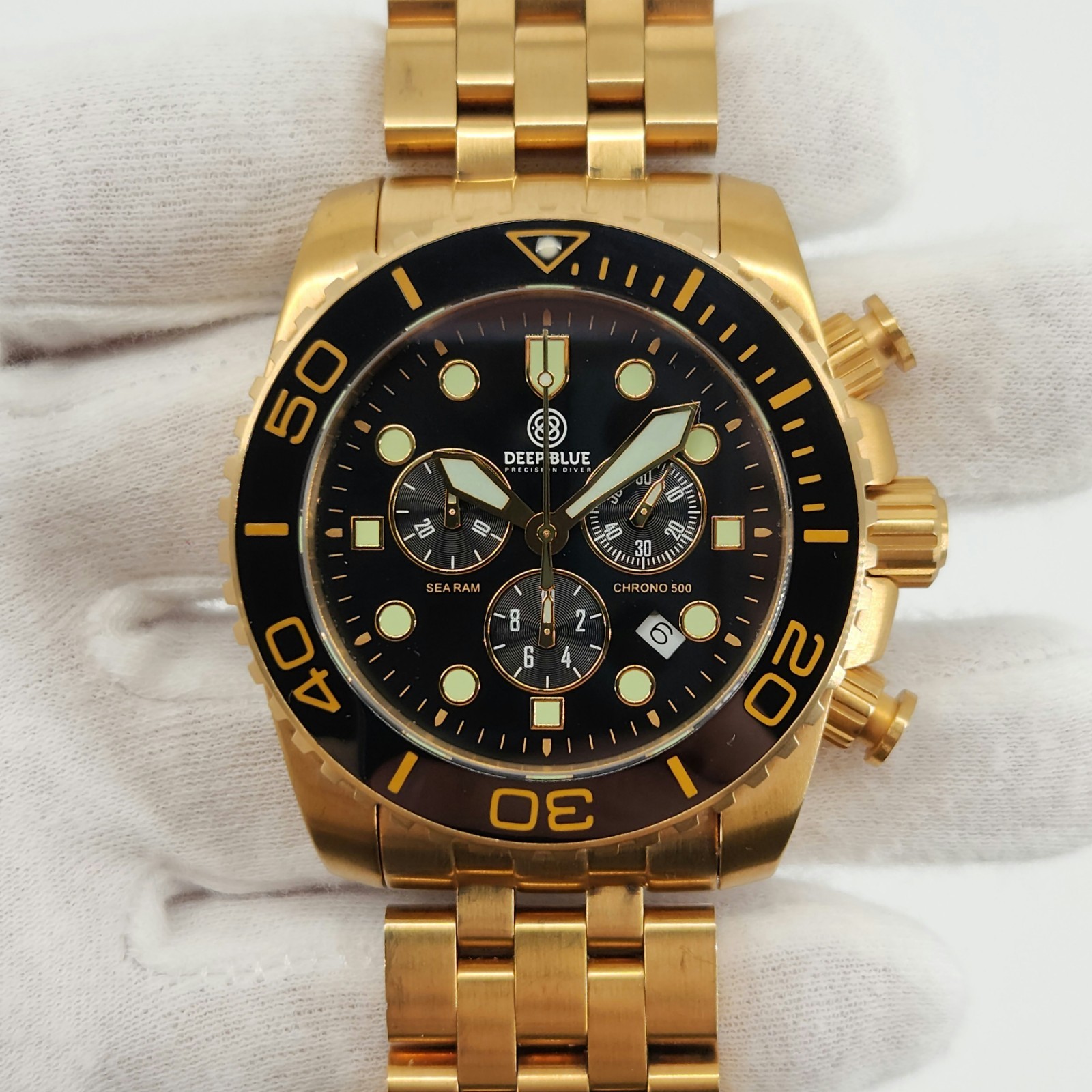Deep Blue Sea Ram 500M Men’s Gold Tone w/ Black Dial Quartz Chronograph Watch