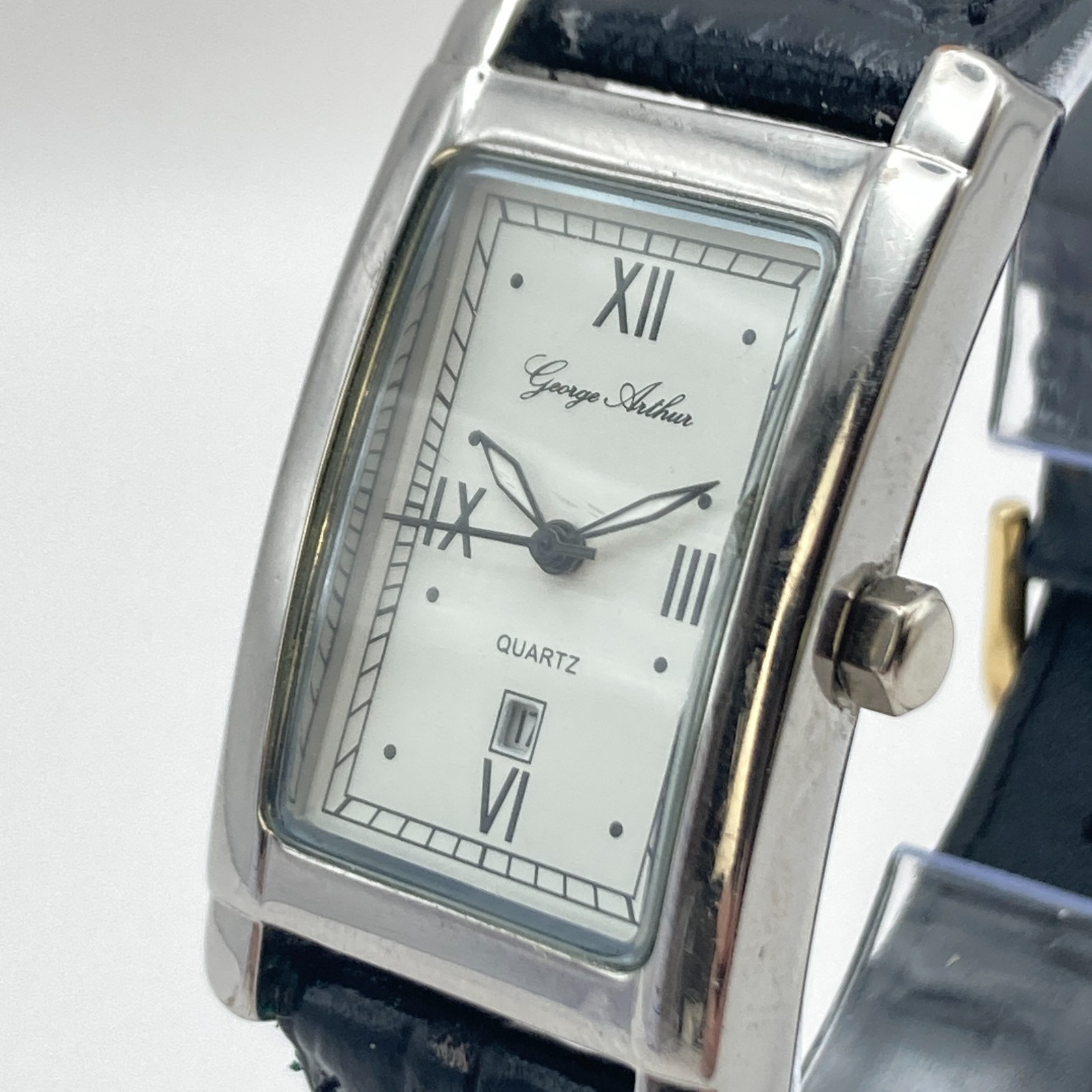 George Arthur Women’s Tank Watch Silver Tone Date Leather WR New Battery 8.5″