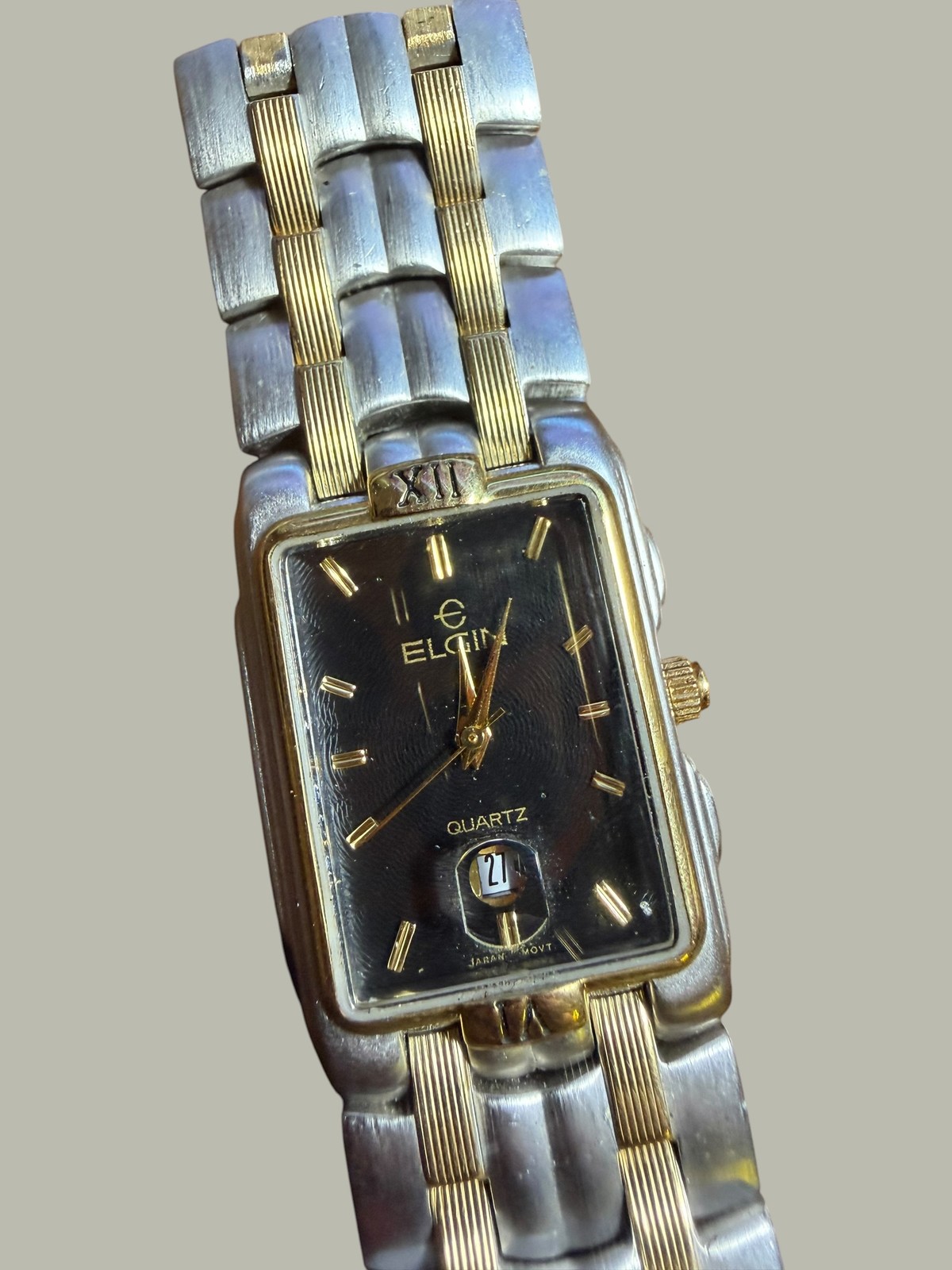 Elgin Men’s Two-Tone Quartz Dress Watch Black Dial Date Rectangle Japan Movt
