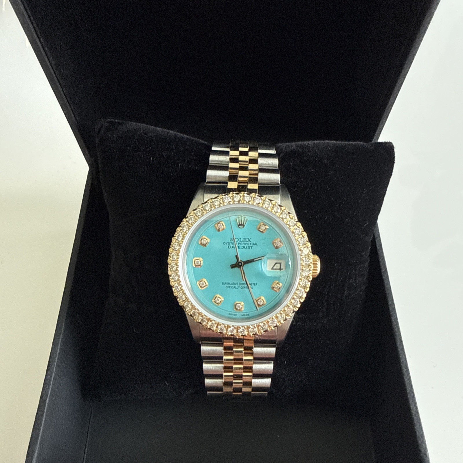 Rolex Datejust 2 Tone White Gold Diamond Bezel Custom Tiffany Blue Dial 36mm