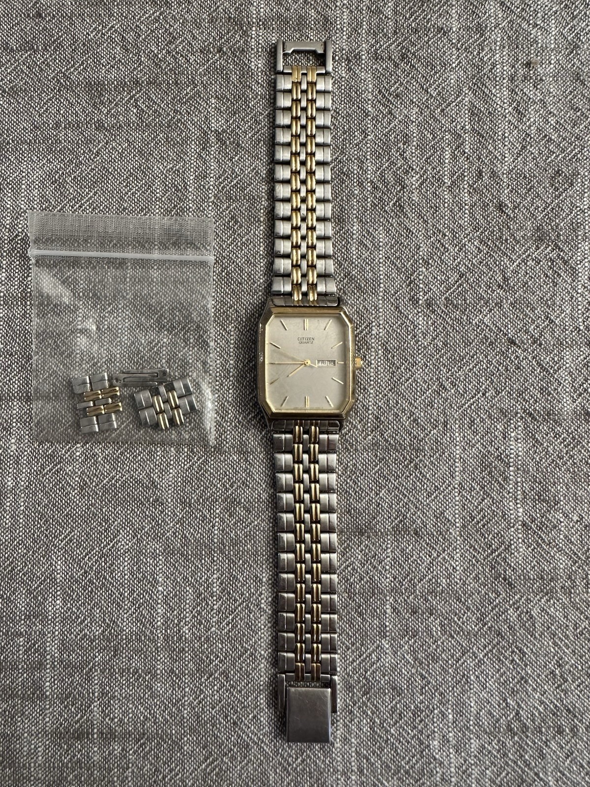 Citizen 1000-S63871 Quartz Thin Rectangle Tank Watch Date Two Tone Mens Works