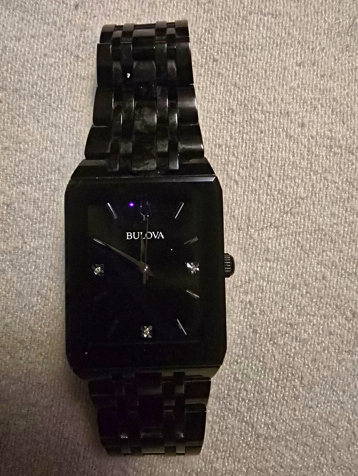 Bulova Quadra Quartz Black Rectangular Analog Dial Bracelet Watch Box Manual