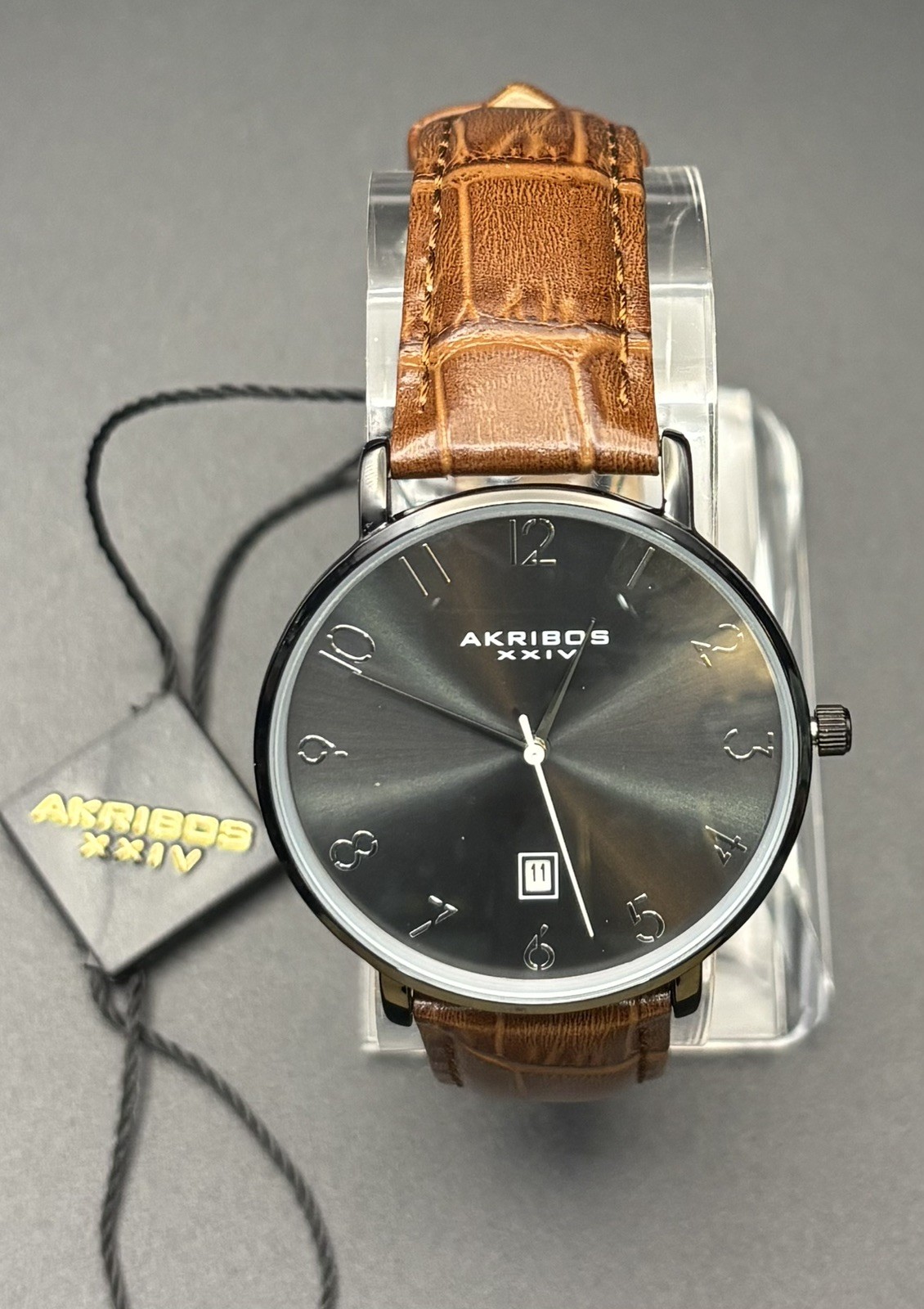 Akribos Black SS Casel, Genuine Leather Crocodile Band AK1077BK – FREE SHIPPING