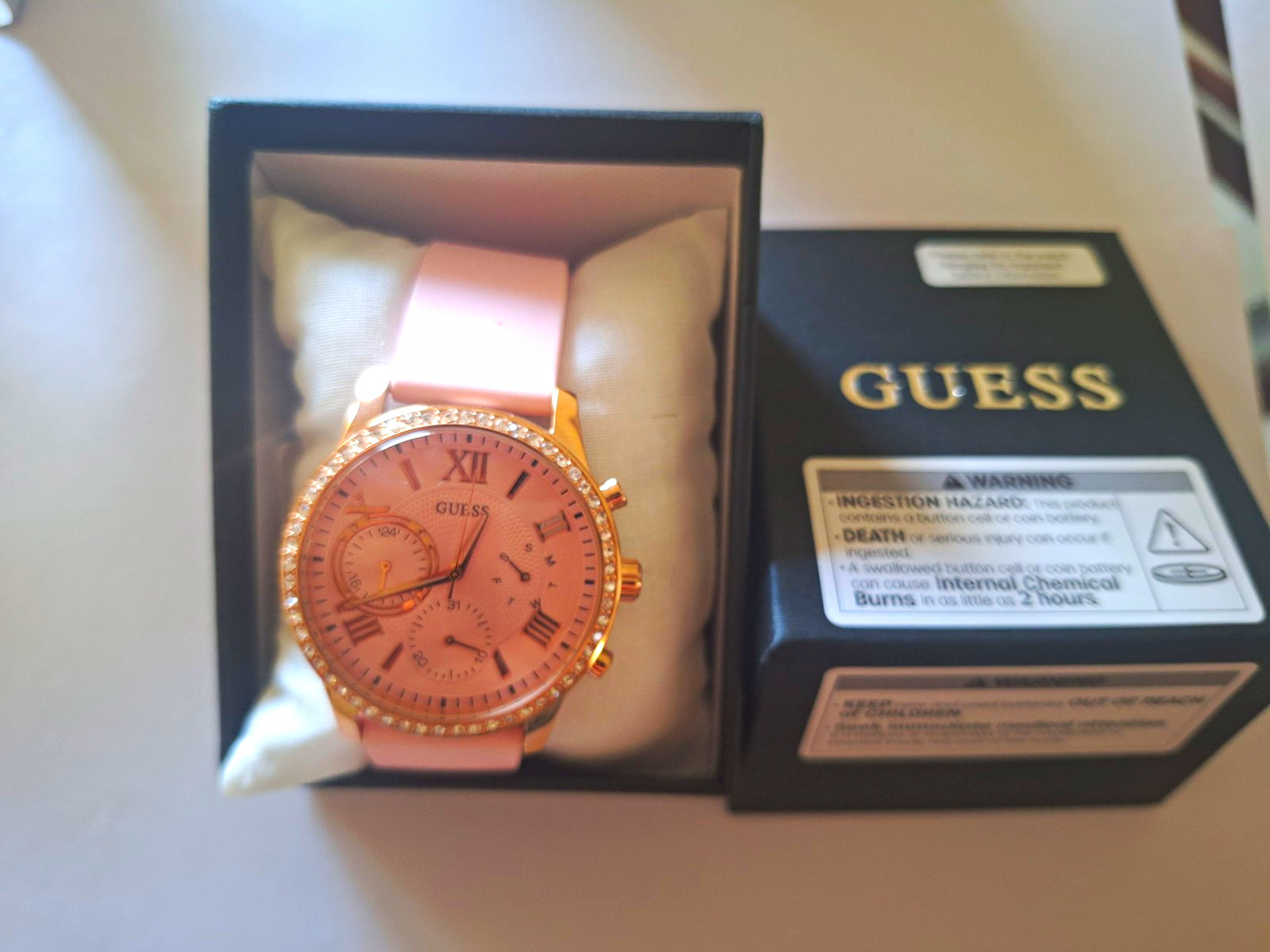 GUESS Women’s Quartz 38mm Pink Dial Rose Gold Case Pink Silicone Strap Box